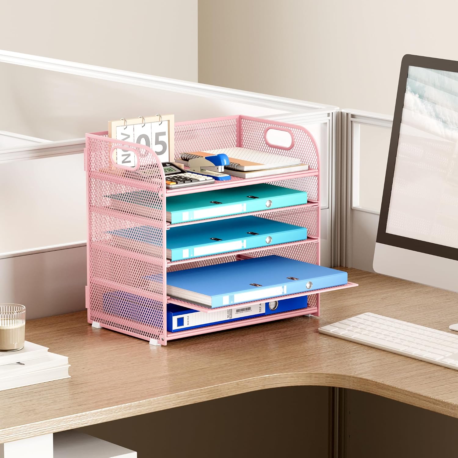 Detalle 2 de SUBEKYU 5-Tier Metal Mesh Desk Organizer with Handle, Sliding Letter Tray, Pink