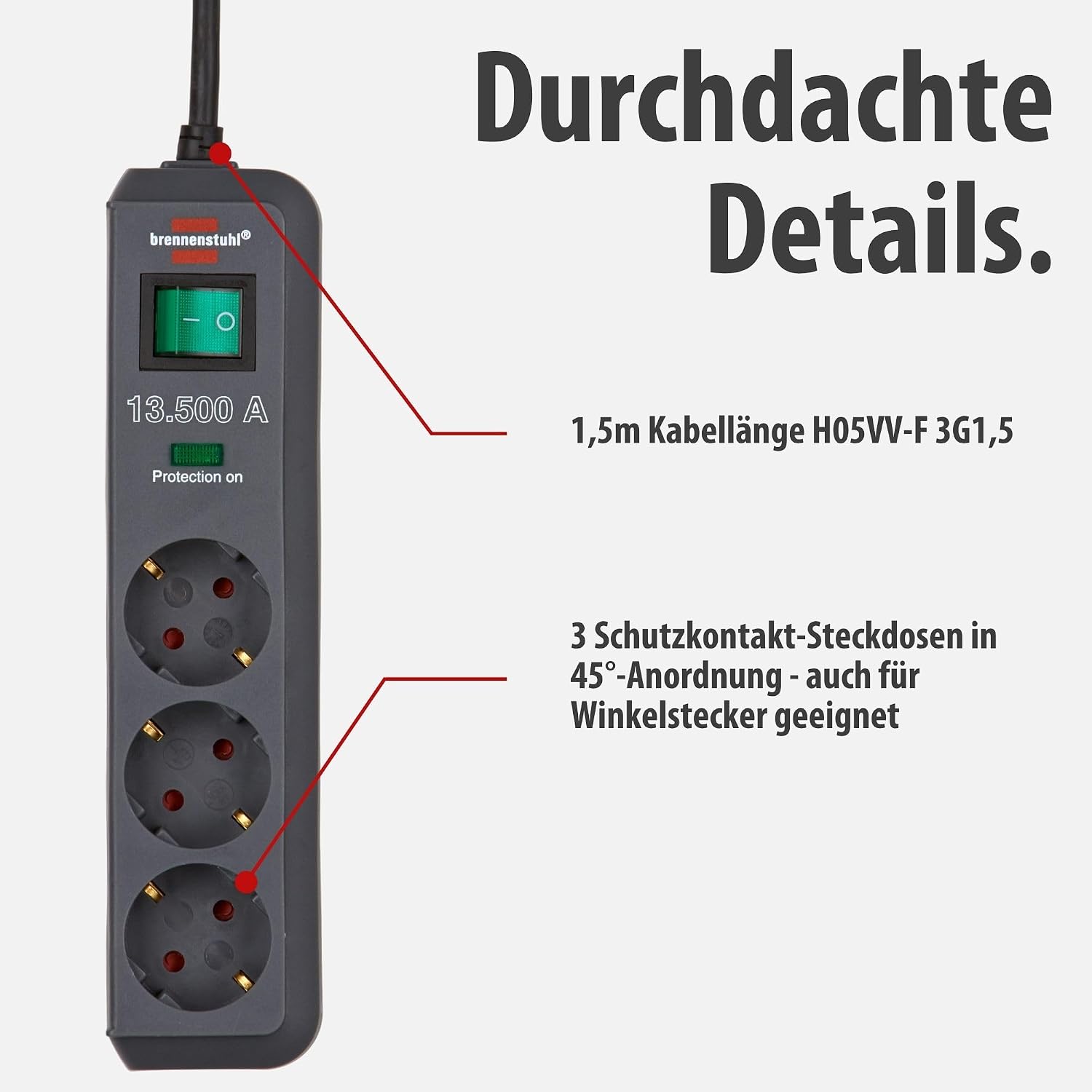 Thumbnail 2 de Brennenstuhl Eco-Line 3er-Steckdosenleiste mit Überspannungsschutz – 1,5 m Kabel, beleuchteter Schalter