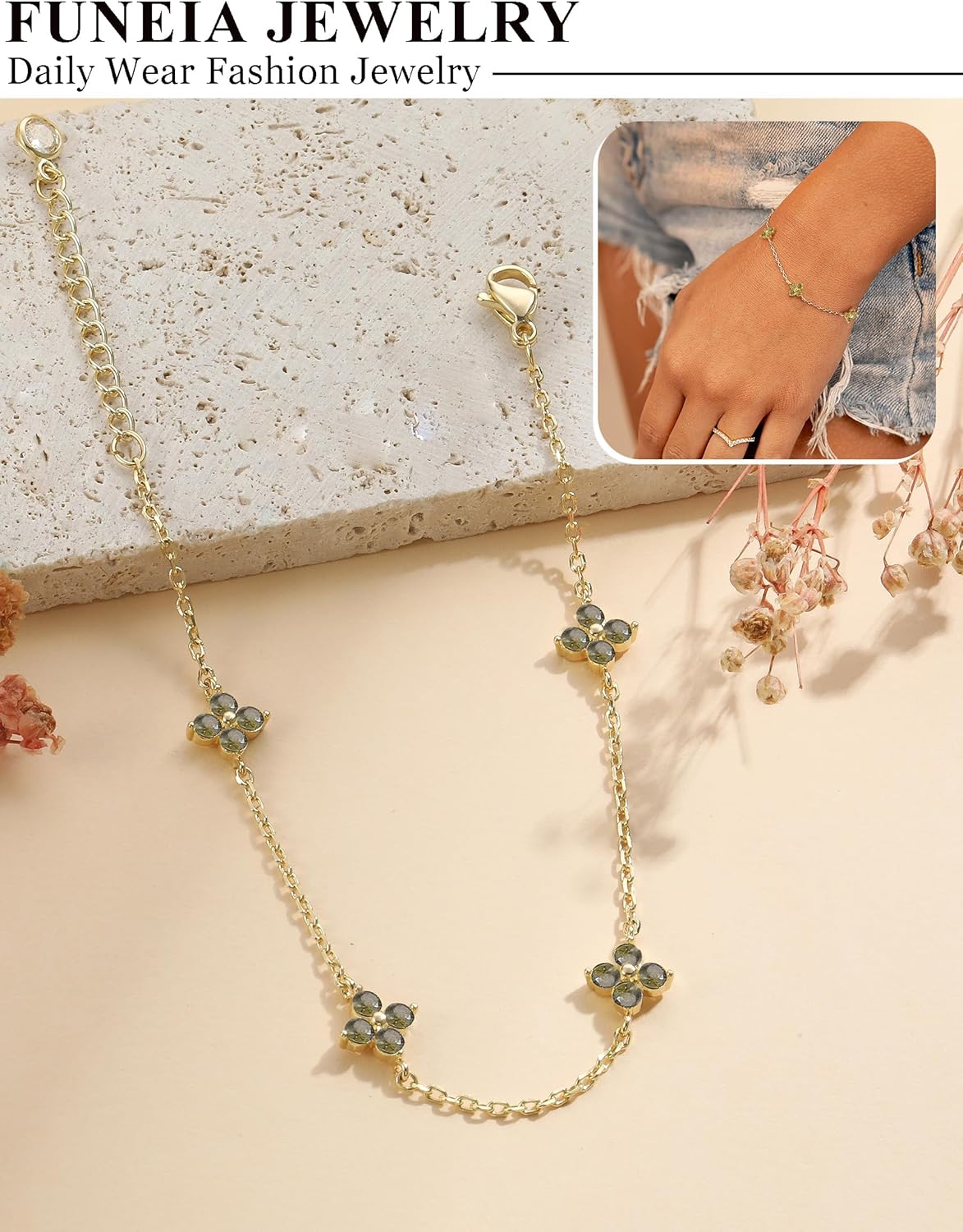 Thumbnail 3 de FUNEIA Armband Damen Gold verstellbar mit Kleeblatt, 18K vergoldet & Zirkonia