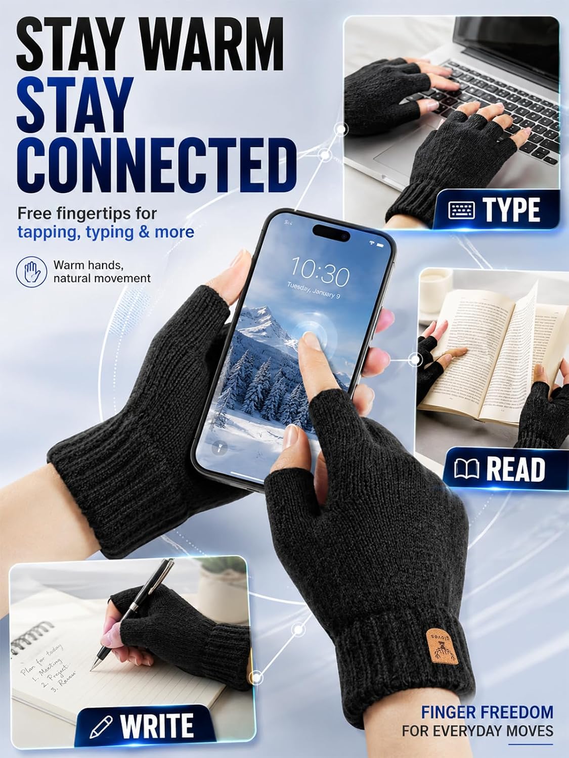Detalle de JUNRUI Fingerless Winter Gloves, 2-Pair Black Knit Set with Fleece Lining