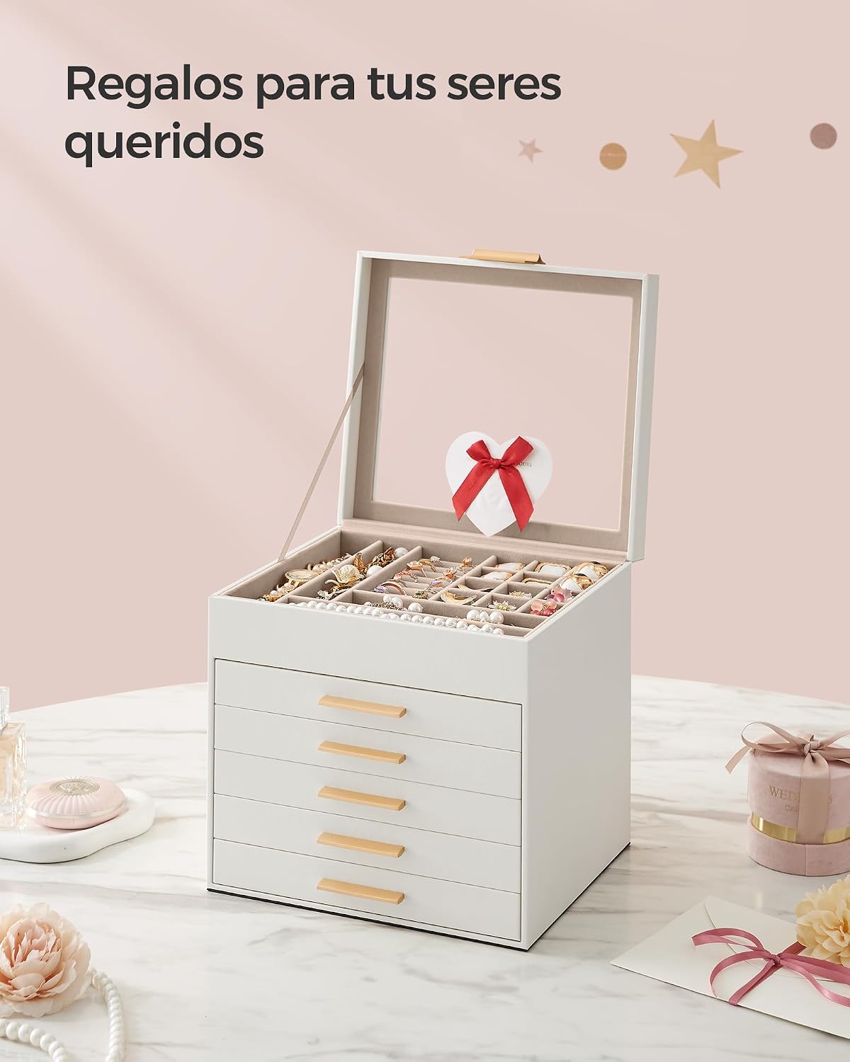 Detalle de SONGMICS Colección GISELLA: Caja de Joyas JBC176W01, 6 Niveles y 45 Compartimentos en Blanco Nube y Dorado