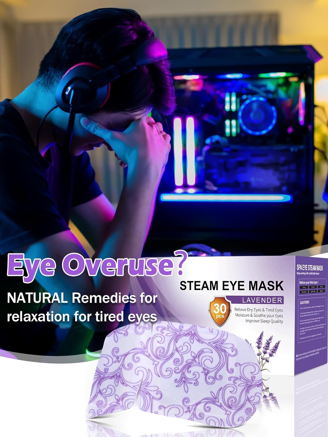 Detalle de Self Heating Lavender Eye Mask (lavender-30) for Dark Circles, Puffiness and Relaxation