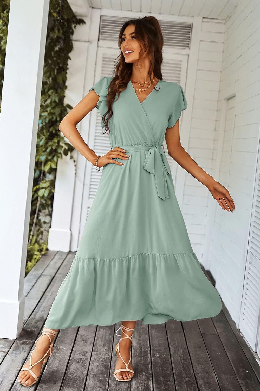Thumbnail 1 de PRETTYGARDEN SF_MAS100_P_S Floral Boho Maxi Dress, Chiffon, Wrap V-Neck