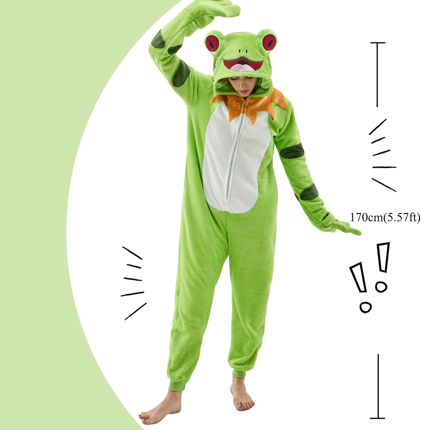 Detalle 2 de NEWCOSPLAY Frog Onesie Pajamas with Flannel, 3D Hood, Zipper and Pockets
