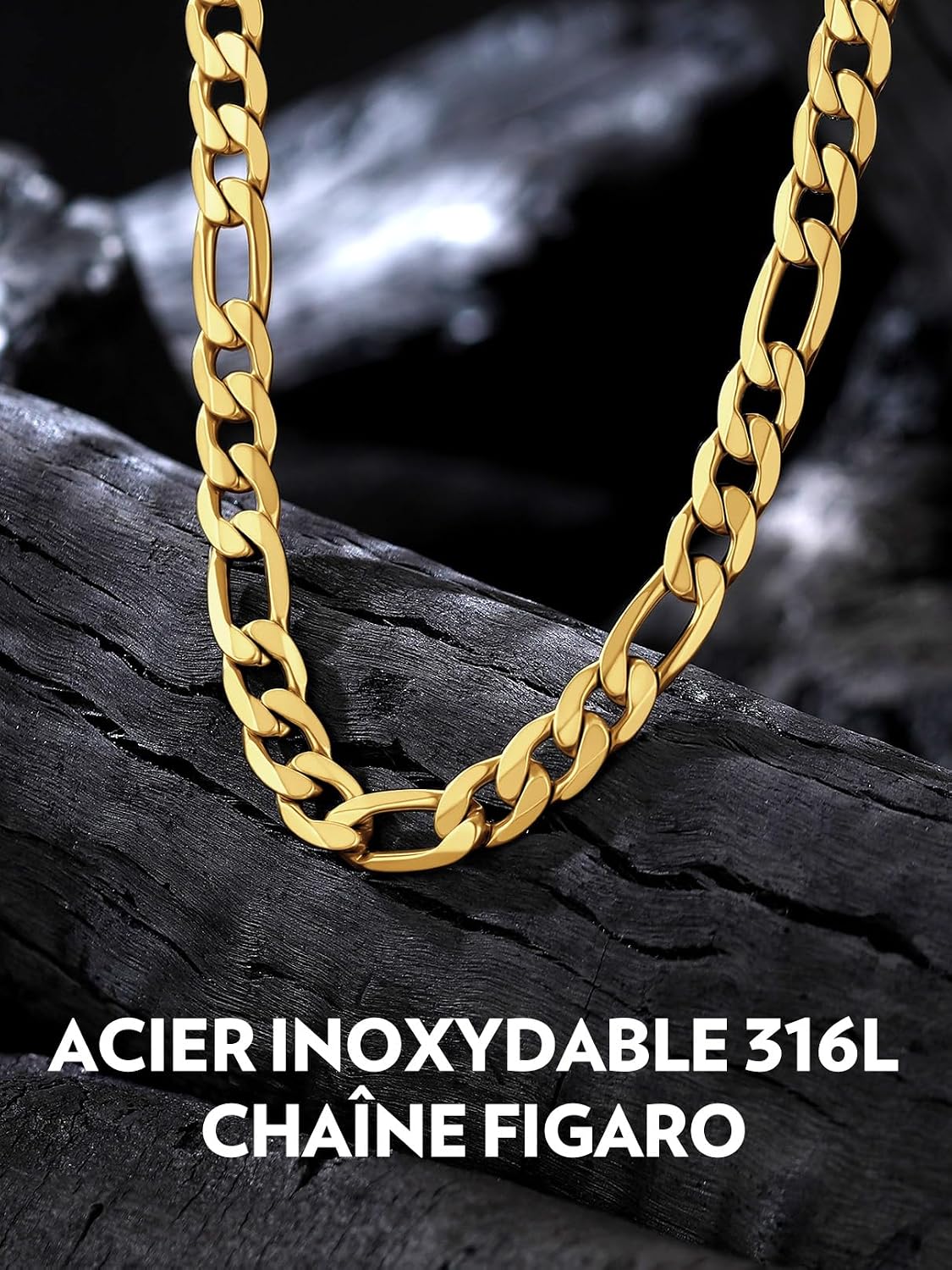 Detalle de Bandmax Chaîne Figaro 3 en 1 acier inoxydable 316L plaqué or 18 carats – collier homme / femme
