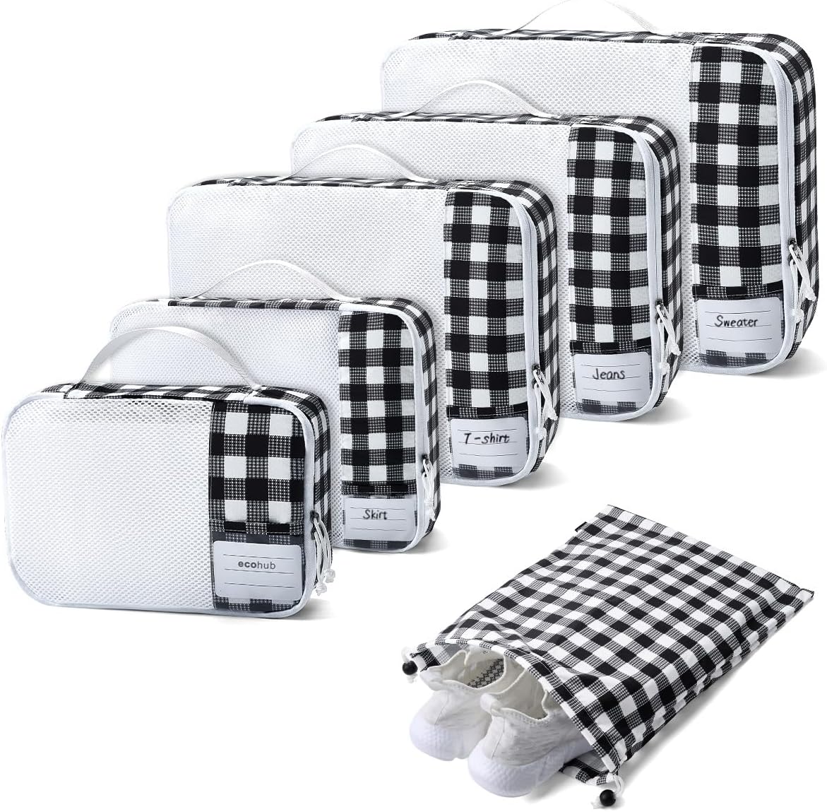 Detalle de ECOHUB Koffer Organizer Set: 6-teilige Packing Cubes mit ID-Tag – recycelte Nylon-Packwürfel
