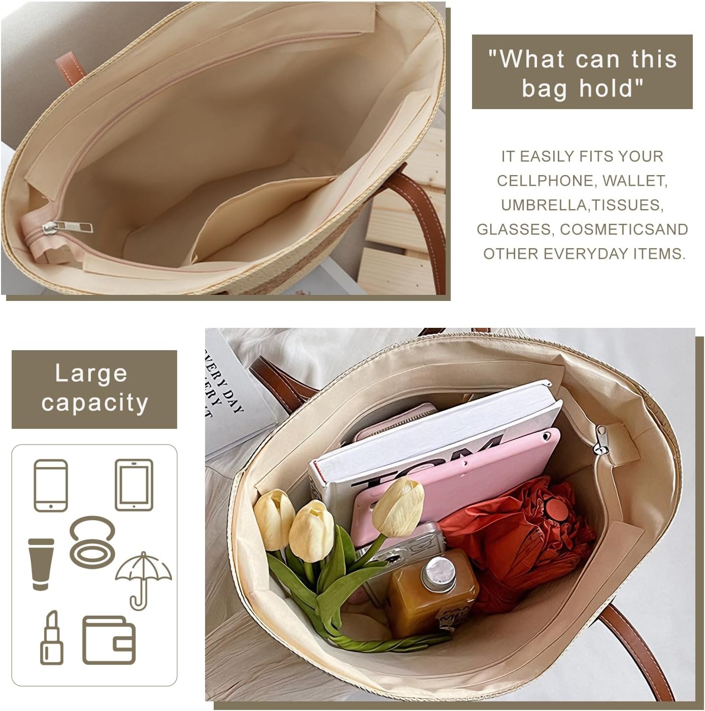 Thumbnail 3 de Pahajim Summer Large Tote Bag: Straw Beach Bag with Zip for Everyday Travel