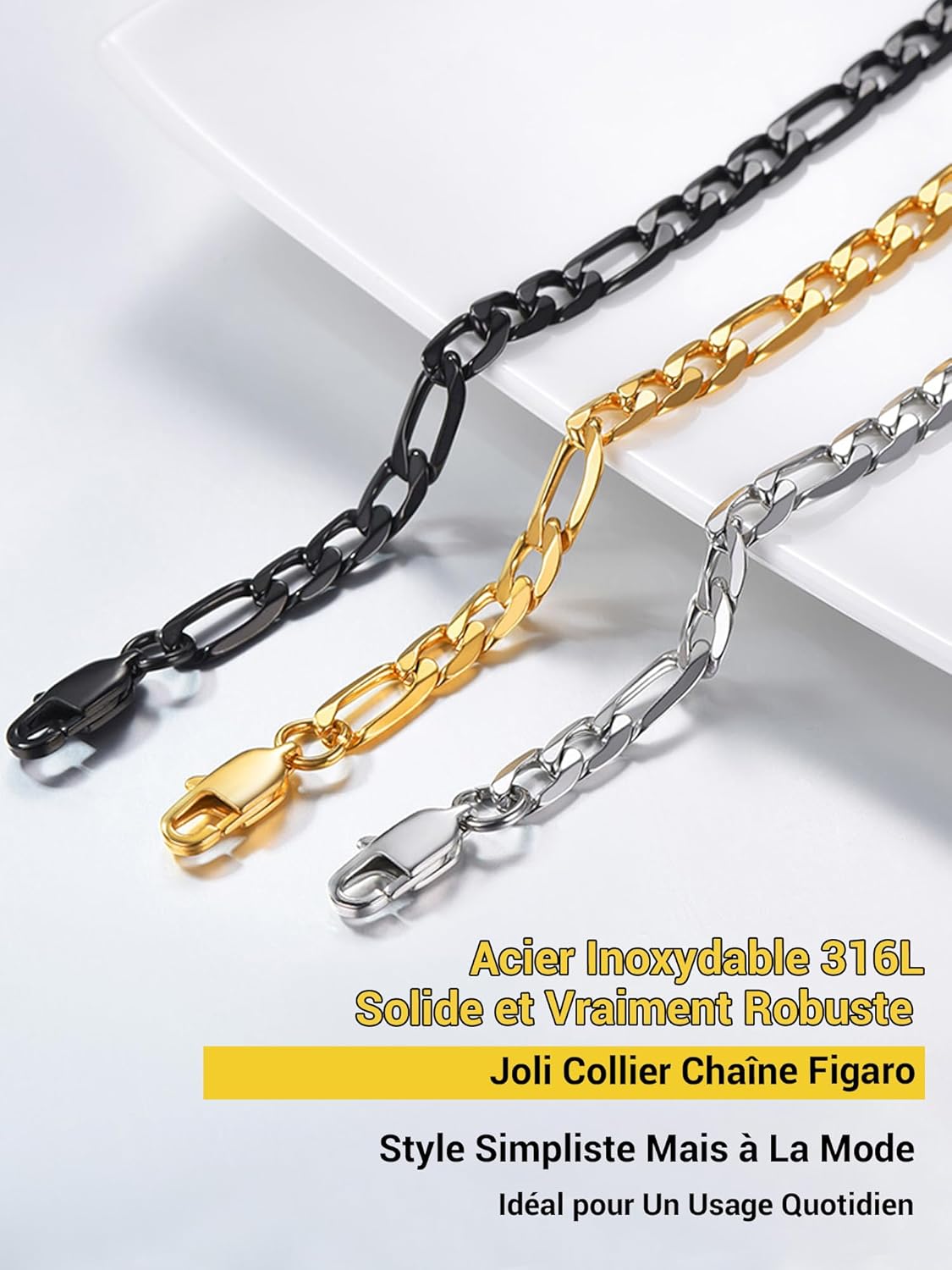 Thumbnail 6 de Collier chaîne Figaro PROSTEEL en acier inoxydable 316L plaqué or, maillon alterné 3 en 1 (largeur 4/6/9/13 mm) jusqu’à 76 cm