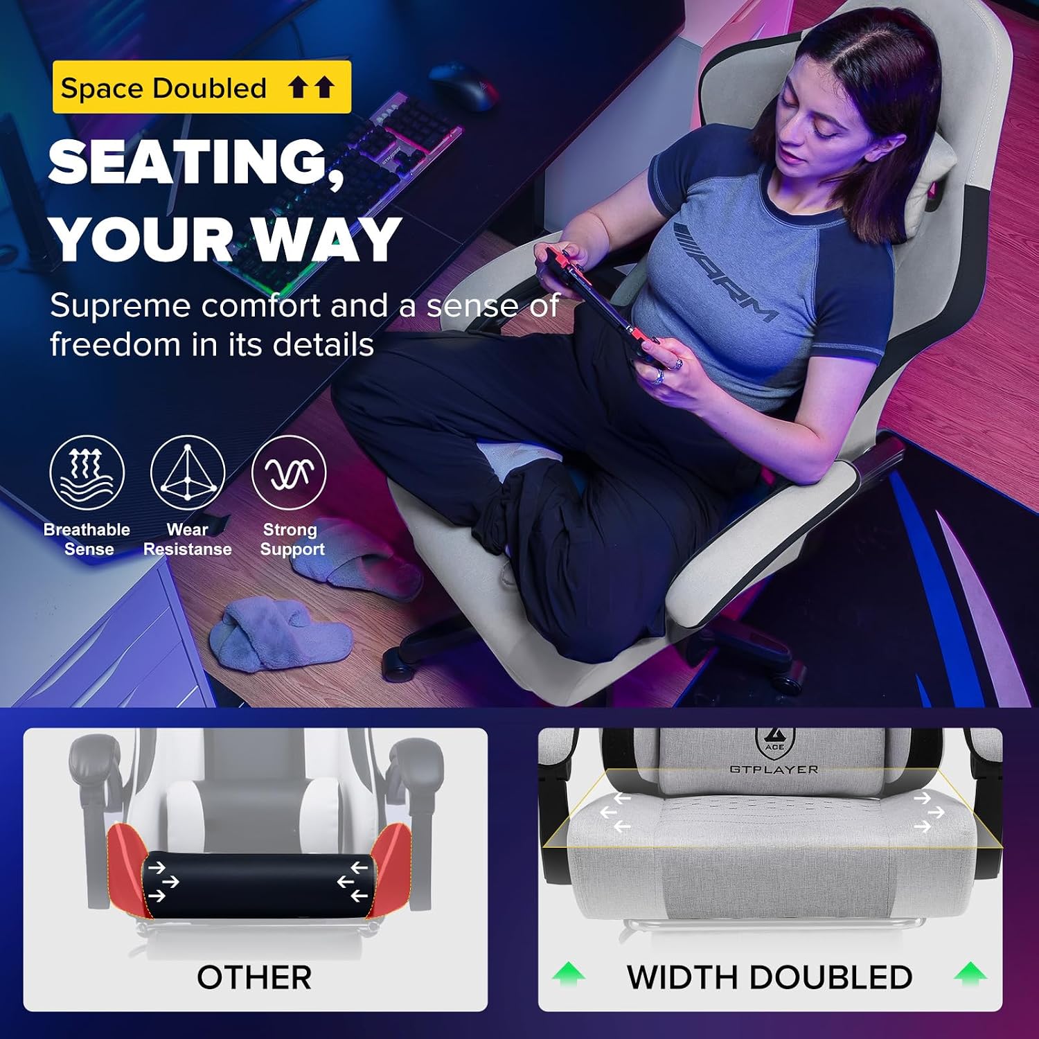 Detalle de GTPLAYER Sedia da gaming ergonómica con cuscino a molle insacchettate, braccioli e poggiapiedi articolati – supporto lombare FG