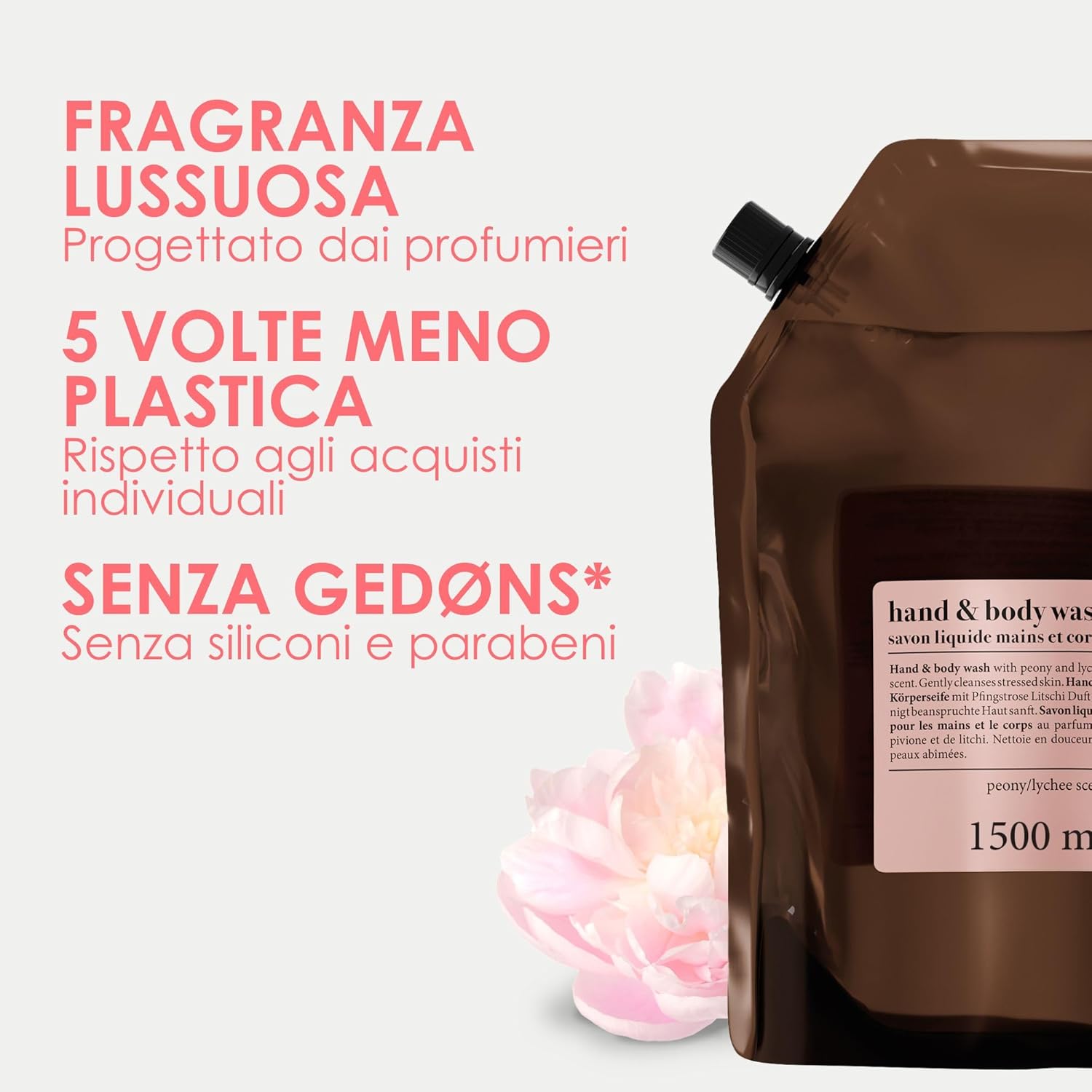 Detalle de Jean & Len Lavamani e Corpo Peonia e litchi – sapone liquido ricarica 1,5 L, vegan, senza parabeni e siliconi