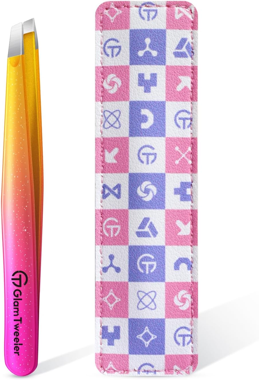GlamTweeler Expert Eyebrow Hair Removal Tweezer with Leather Case (Sparkle Fuchsia & Yellow) – Slant Tip Stainless Steel