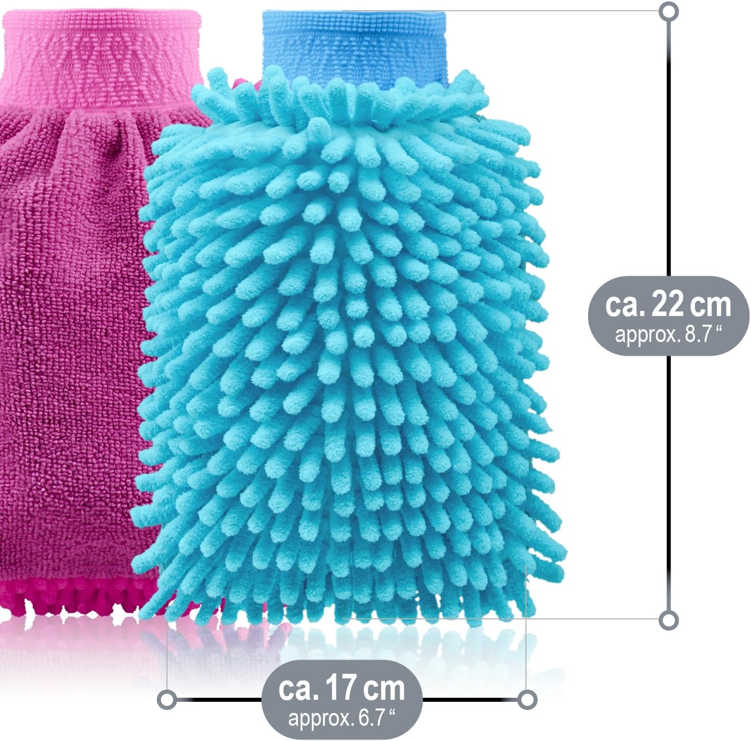 Thumbnail 5 de com-four® 3x Guanto da lavaggio per auto e casa in microfibra – set da 3 pezzi (verde neon, blu, rosa)