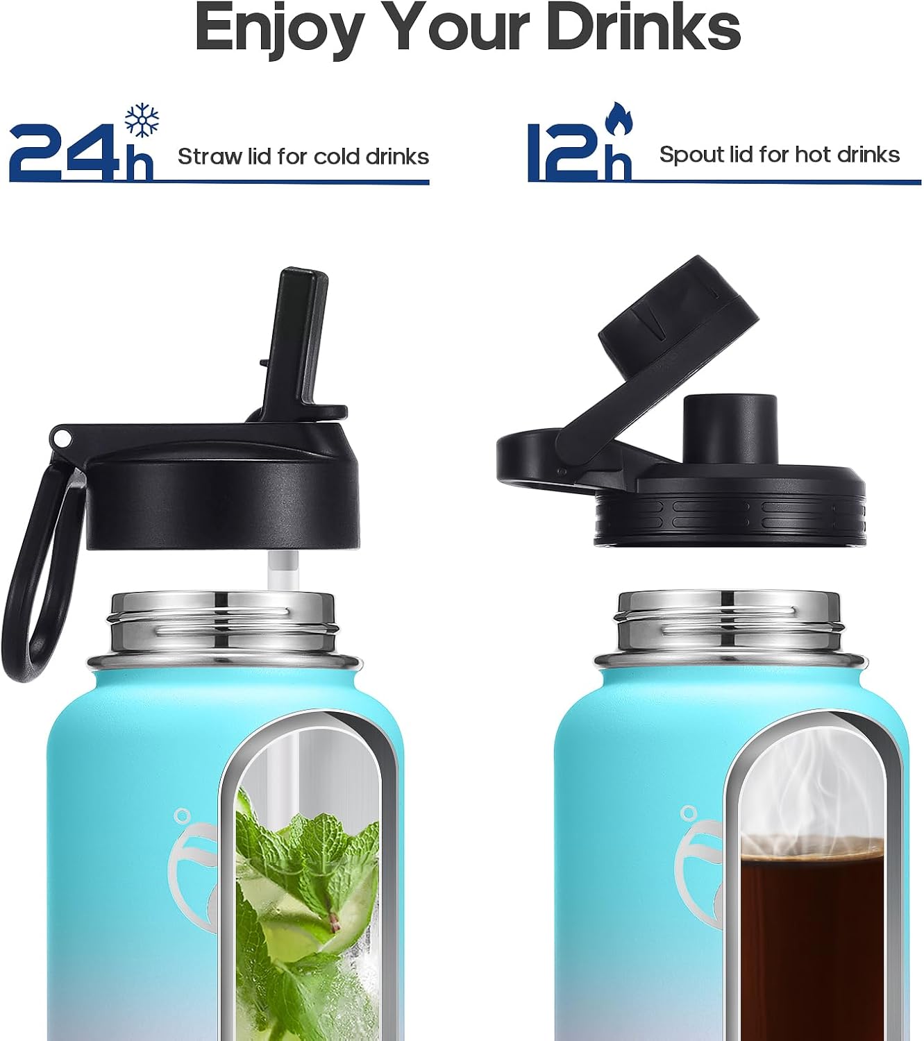 Detalle de HydroPal HydroPal Vacuum Insulated Stainless Steel Water Bottle (18/8) with Straw & Spout Lids – 1.9L to 500ml