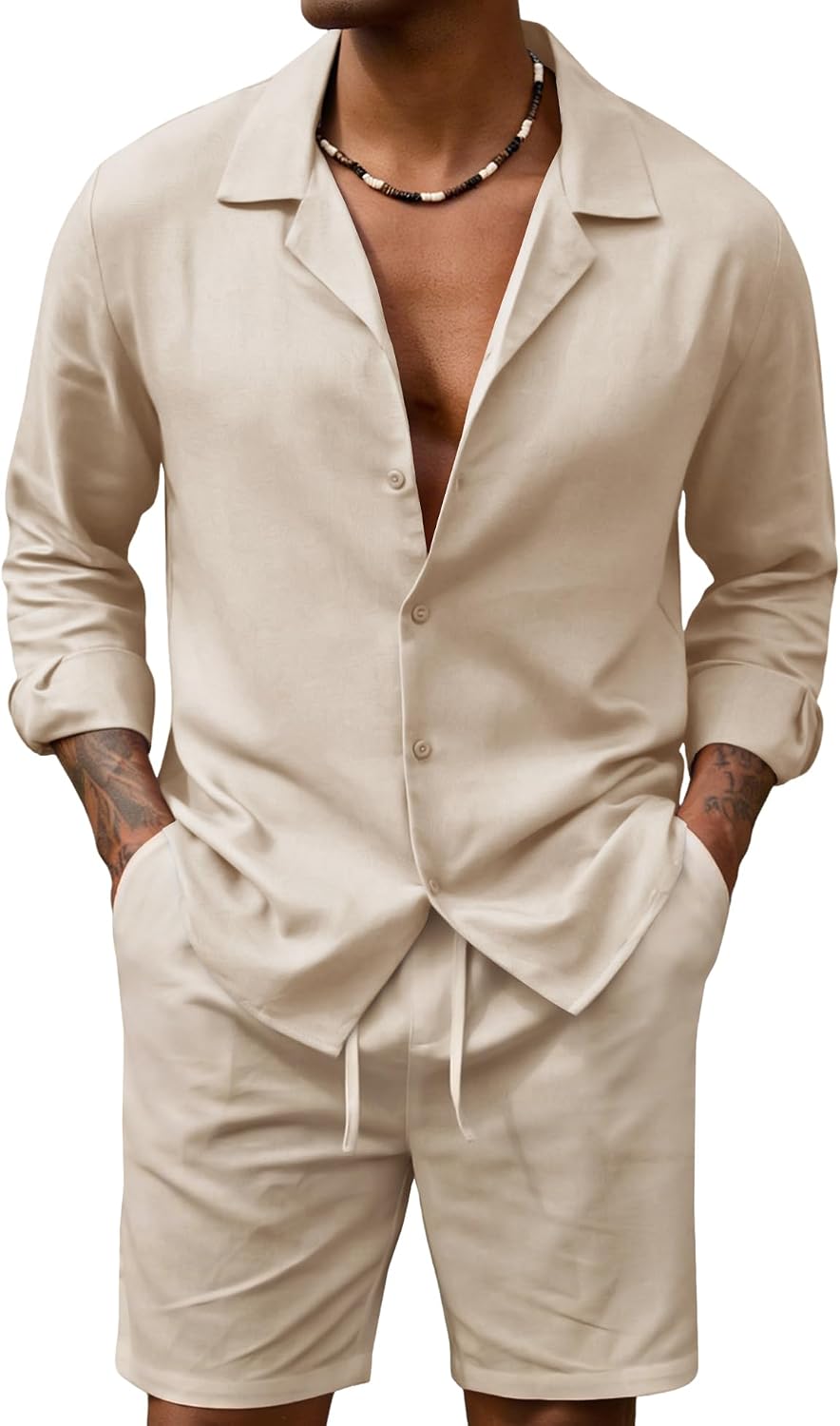 Detalle de URRU Men's Linen-Blend Shirt and Shorts Set