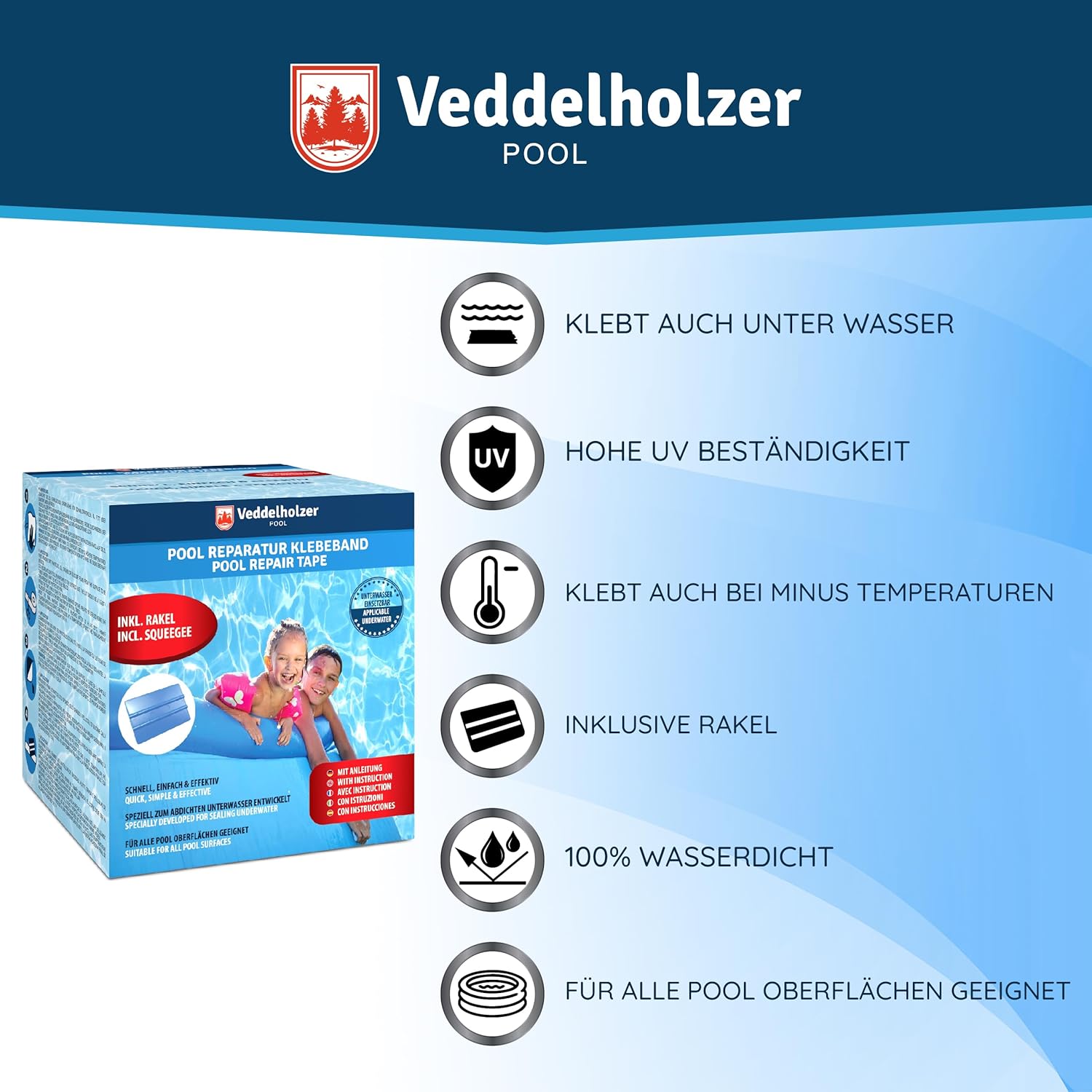 Thumbnail 1 de Veddelholzer Pool Reparaturset – wasserdichtes Unterwasser Klebeband 10 cm x 150 cm, Transparent