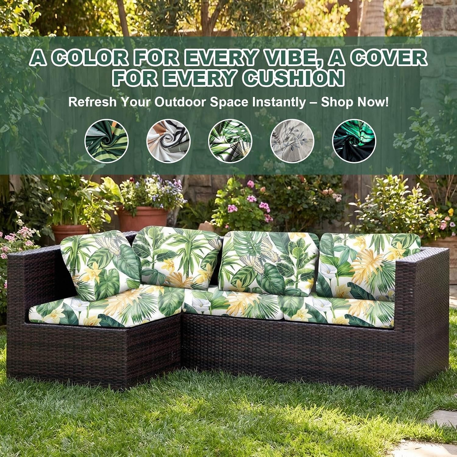 Thumbnail 6 de LiveGo Patio Stretch Sofa Cushion Cover (8-pack) – Outdoor replacement slipcovers with soft elastic fit, Green Leaves