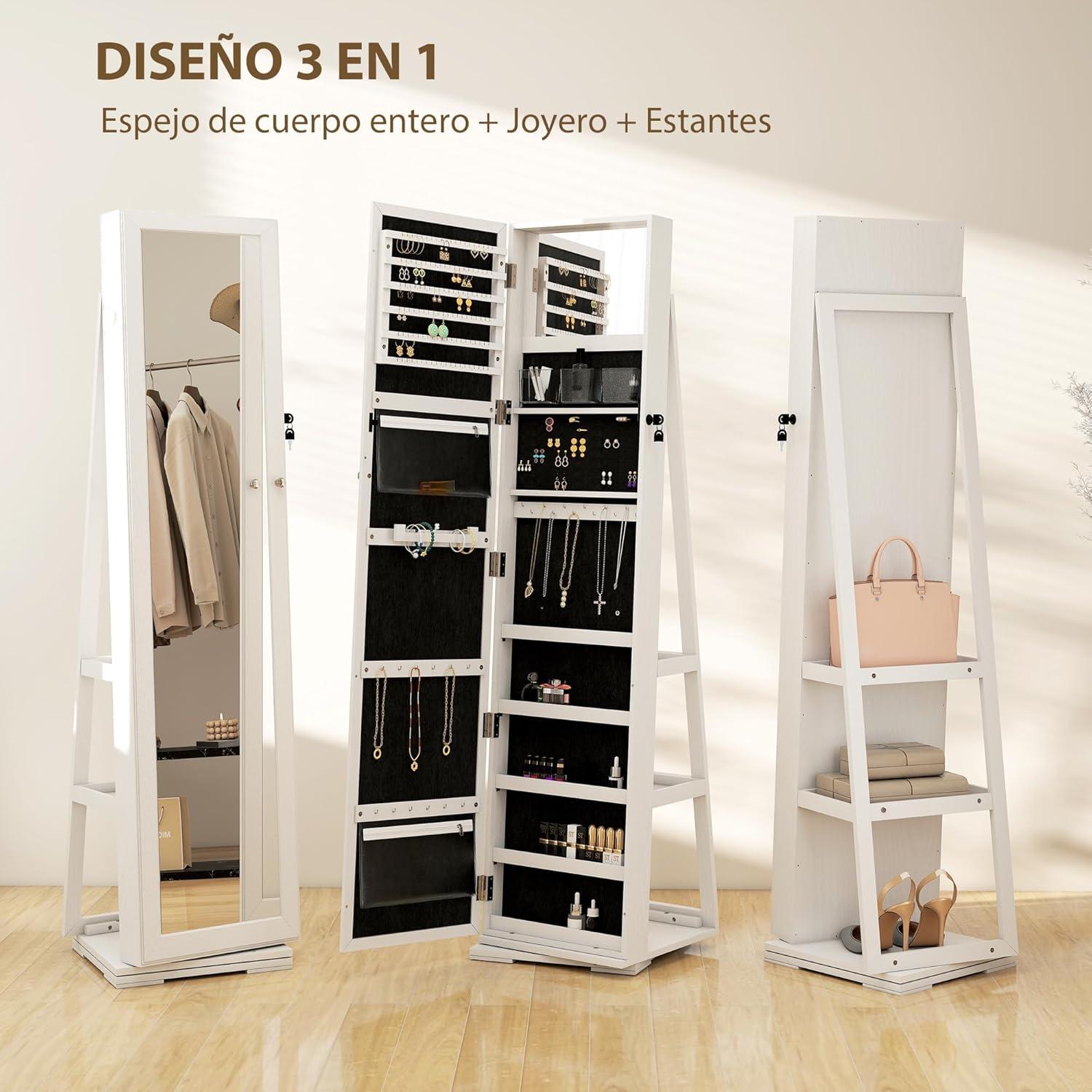 Detalle de HOMCOM espejo joyero 360° 38x38x160 cm