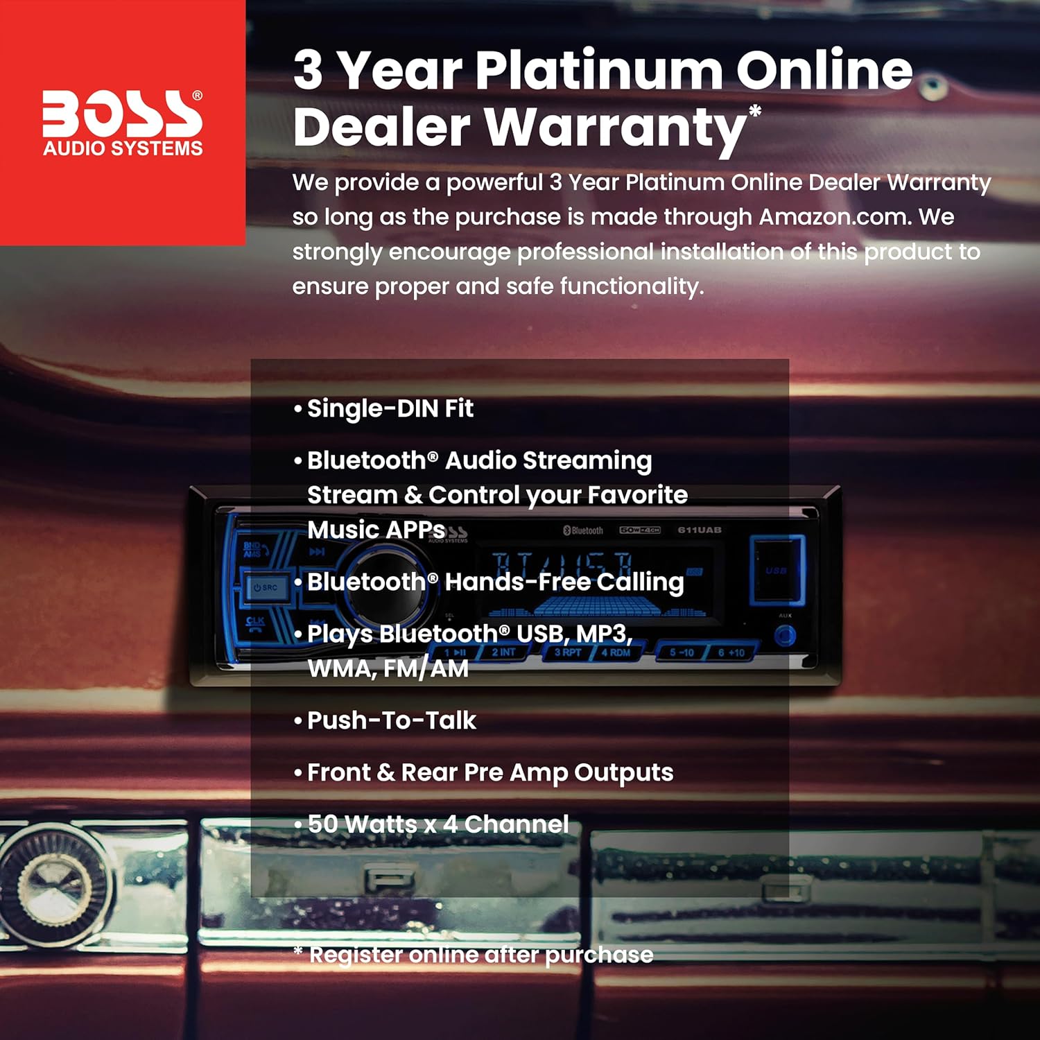 Detalle de BOSS Audio Systems 611UAB Single-DIN Car Stereo with Bluetooth, USB, AUX, and AM/FM Radio