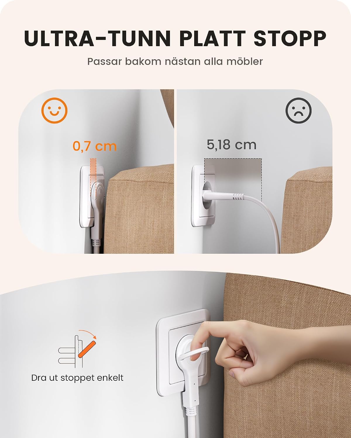 Detalle de LENCENT SL-805E-F-10M grenuttag med 10 m kabel, 4 uttag och USB-C