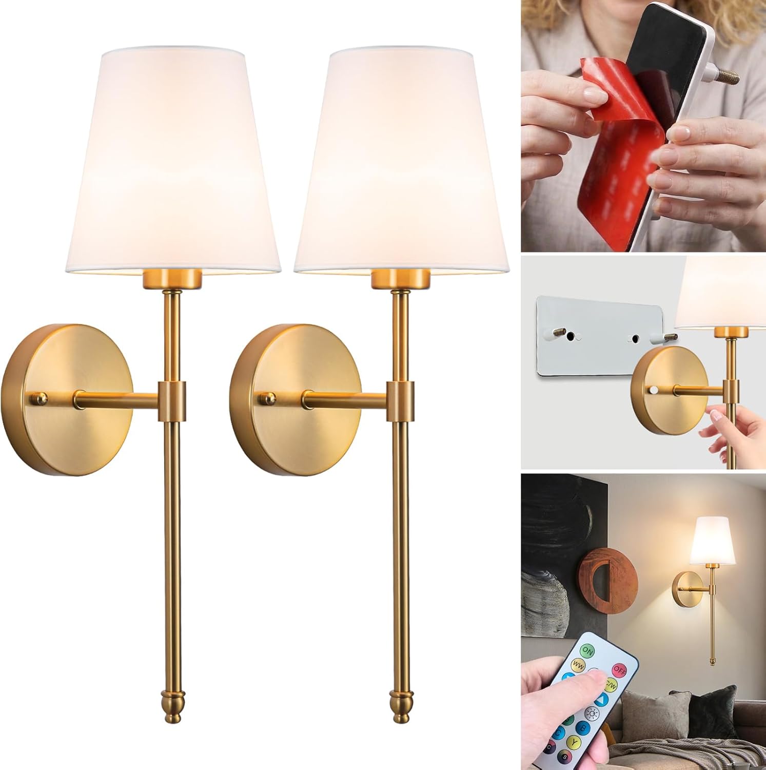 Detalle de Vimhou Peel and Stick Wall Sconces (Set of 2) — Battery-Powered, No-Drill LED Wall Lamps with Magnetic Corn Bulbs