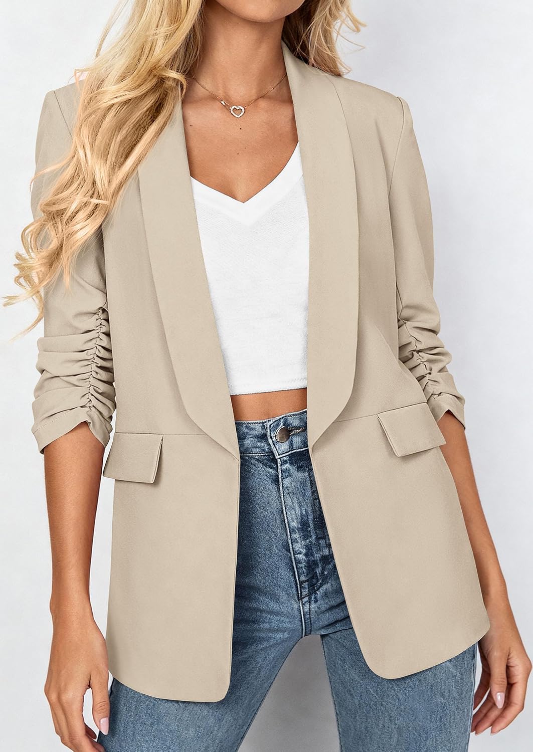 Detalle 2 de PRETTYGARDEN Women's Lightweight Blazer, Ruched 3/4 Sleeves, Shawl Lapel