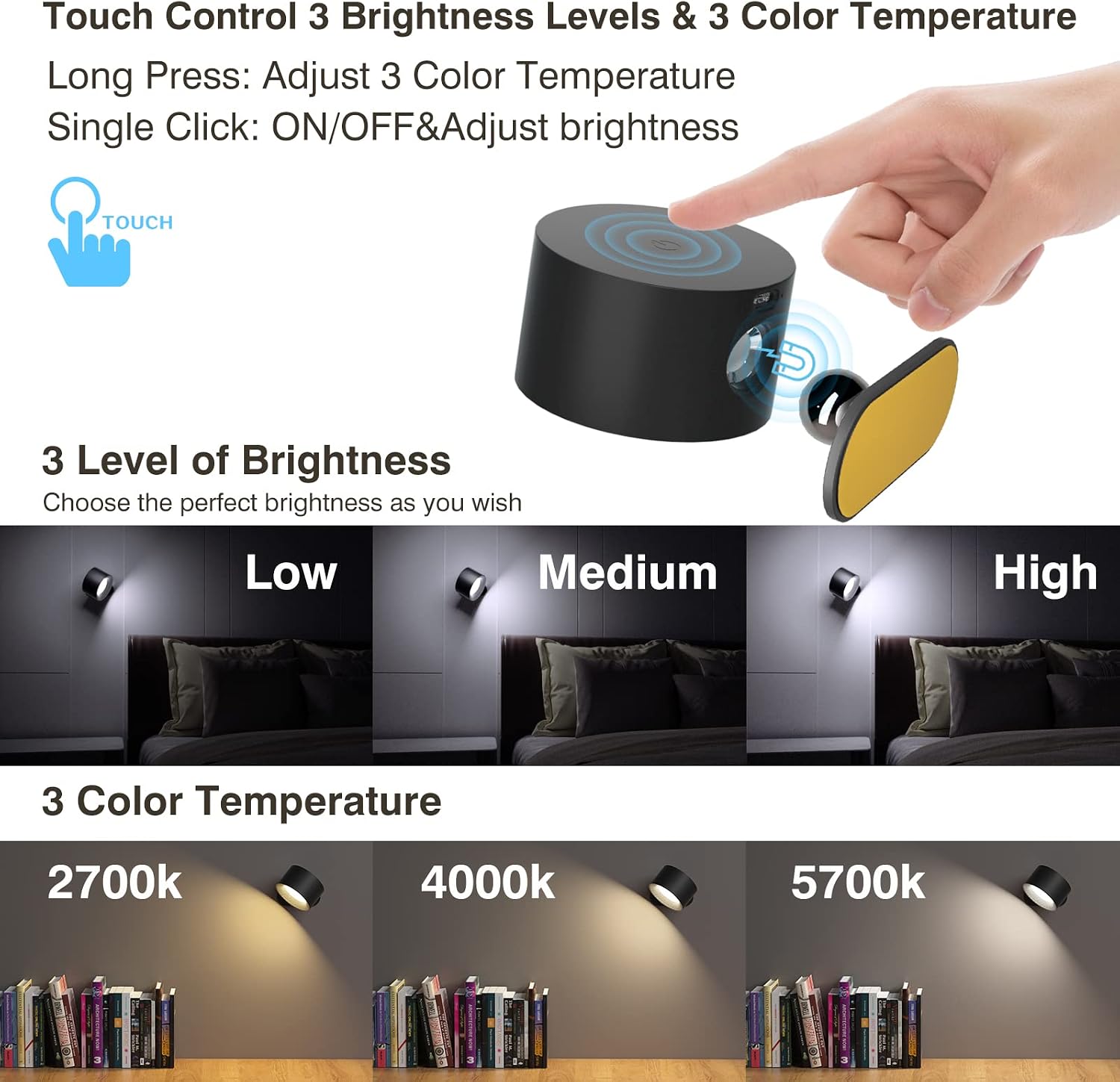 Detalle 2 de Coollamp LED Indoor Wall Lamp 3-level Rechargeable