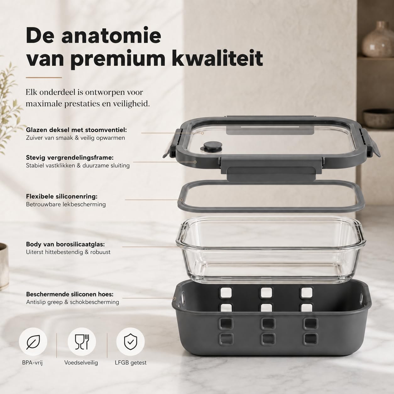 Thumbnail 5 de Dalena Home mealprep-bakjes van borosilicaatglas, 3 × 1020 ml met glazen deksel