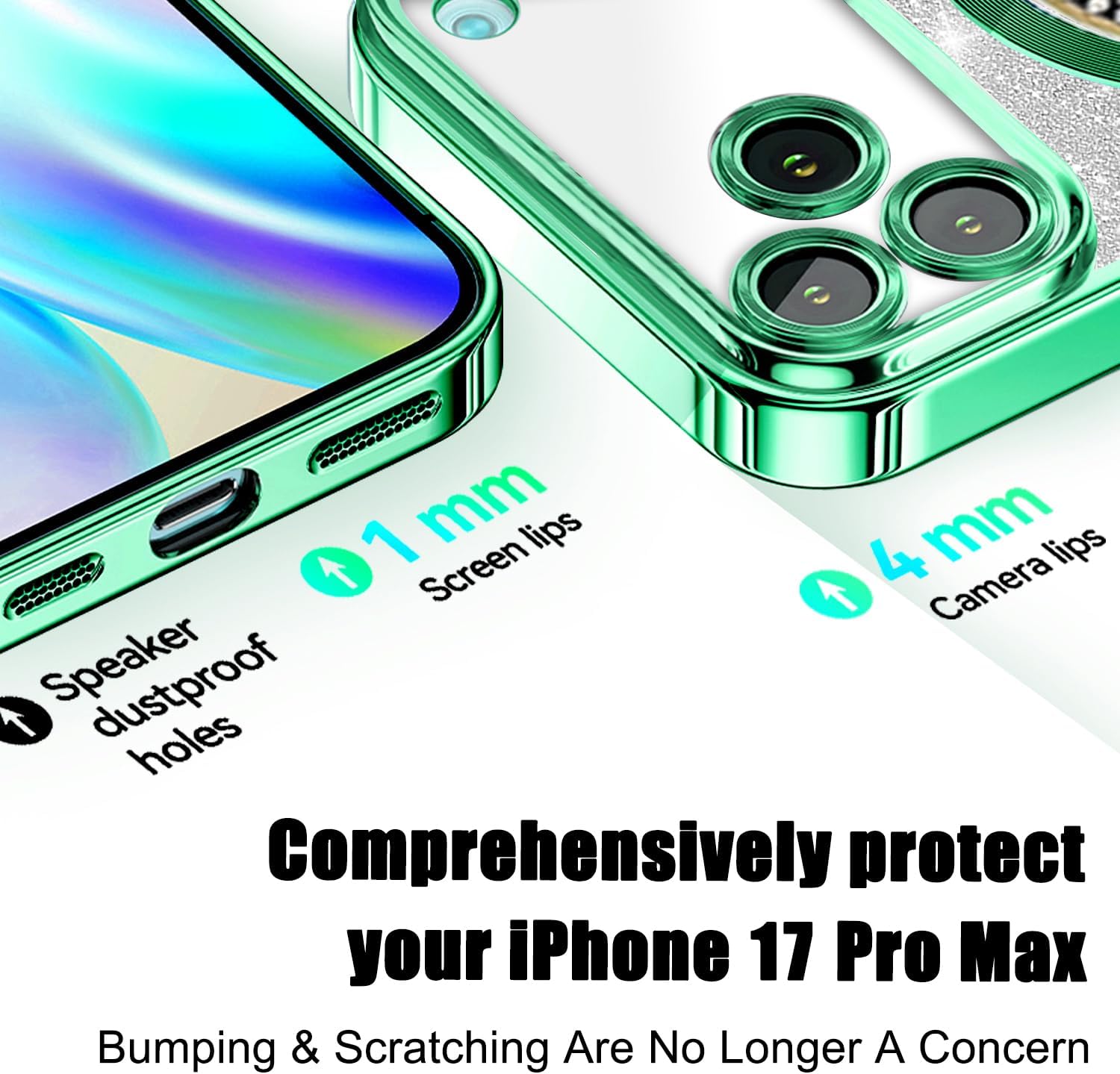 Detalle de Misscase for iPhone 17 Pro Max Magnetic Glitter Case with Camera Lens Protector – Green