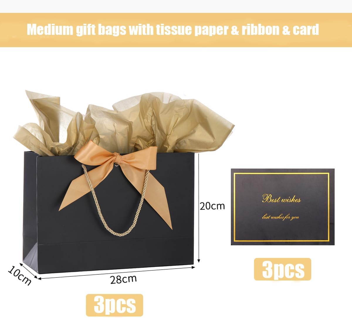 Detalle de Medium Gift Bags with Tissue Paper and Gift Cards (3 Pack) – Black