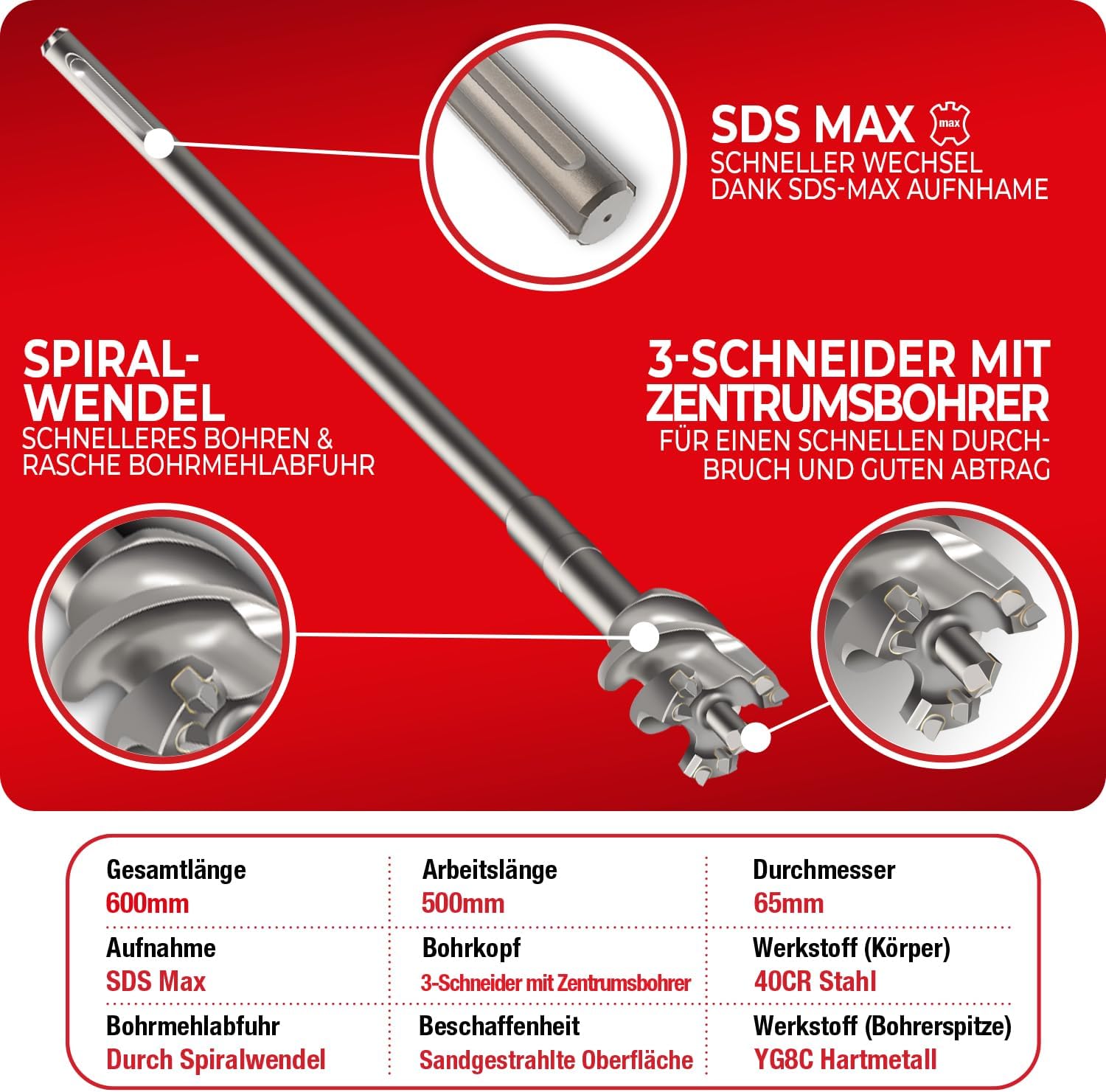 Thumbnail 1 de SCHWABENBACH Punta SDS Max 65mm x 600mm – Punta trapano 4 taglienti per calcestruzzo armato, lunghezza utile 480mm