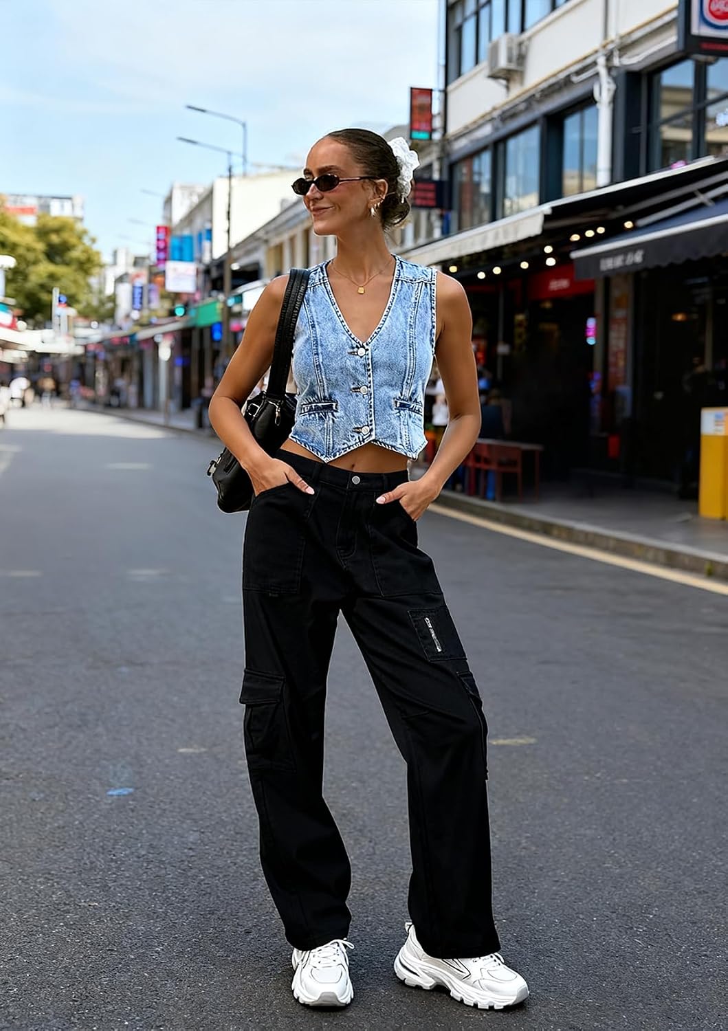 Detalle de IVIR Women's High-Waisted Wide-Leg Cargo Pants with 7 Pockets