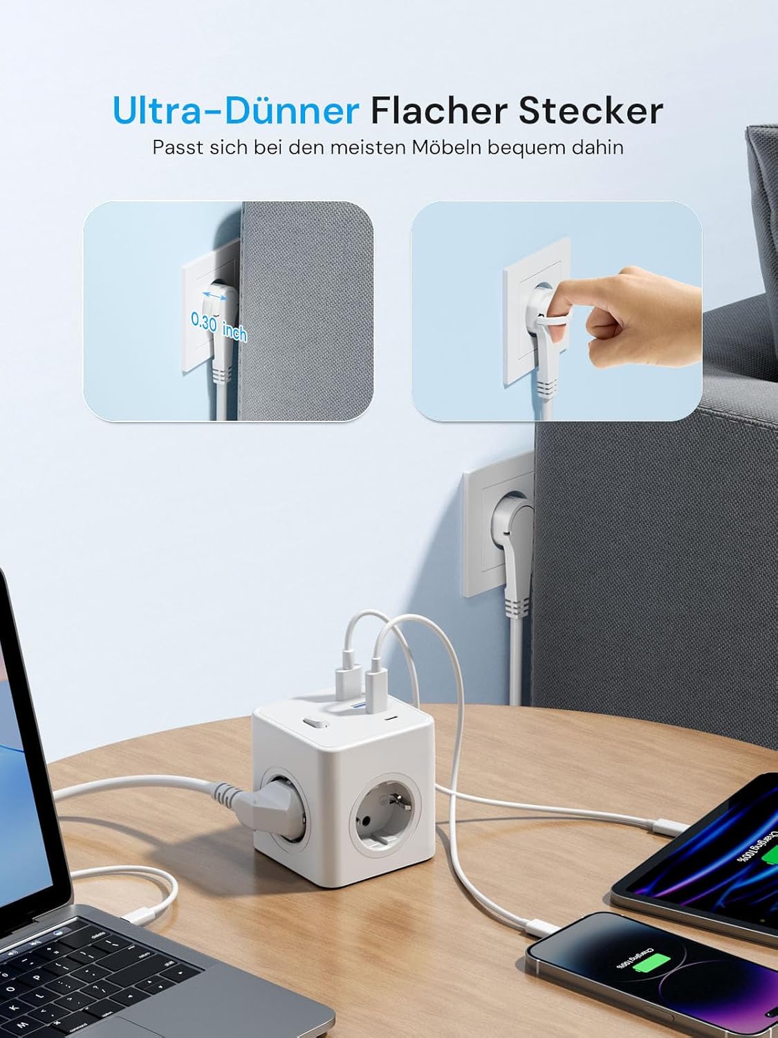 Detalle de Power Cube Steckdosenwürfel 8‑in‑1 mit USB