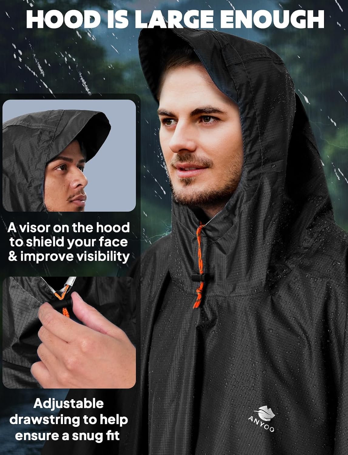 Detalle de ANYOO Leichter wasserdichter Regenponcho mit Kapuze, Ripstop & Reflektoren – Einheitsgröße