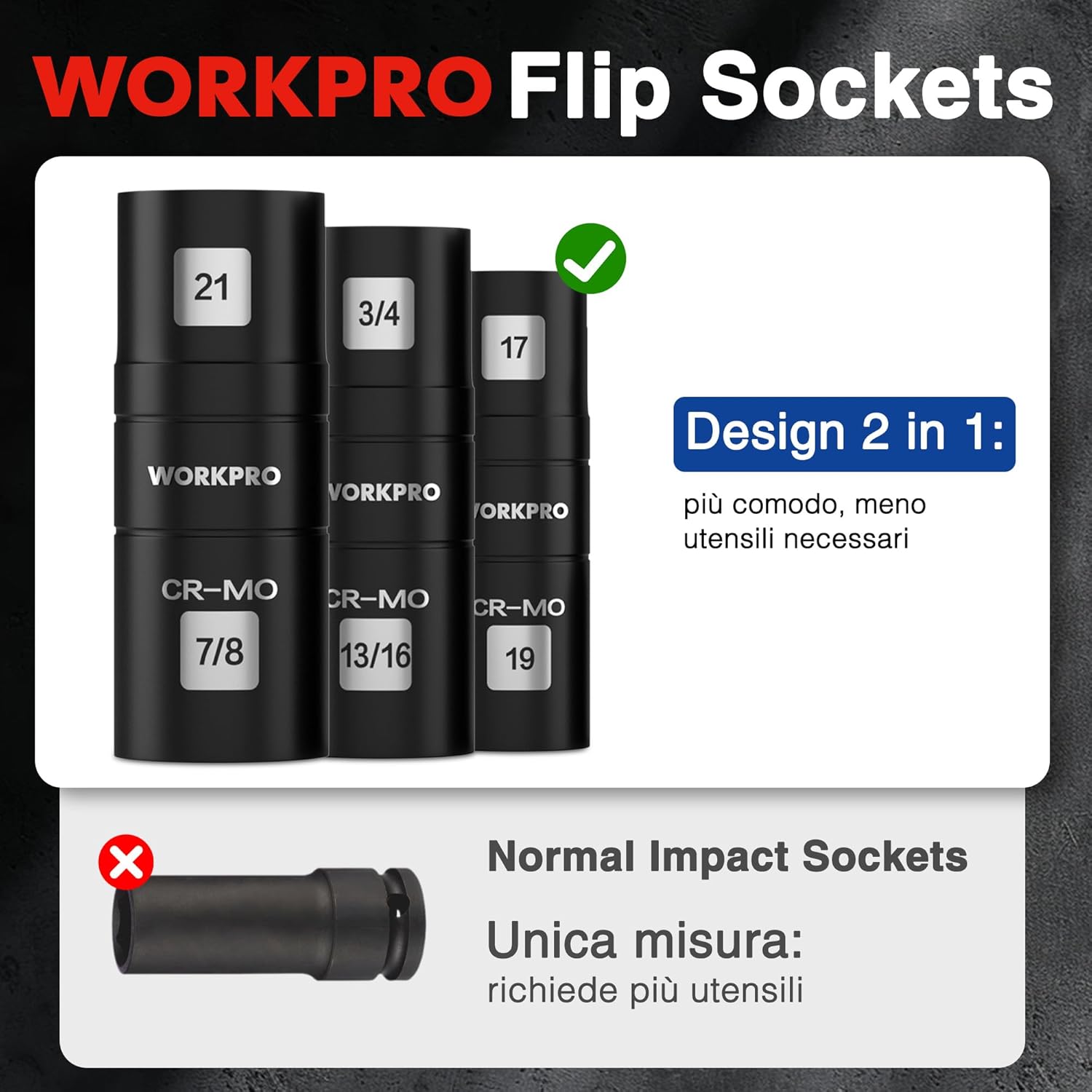 Thumbnail 4 de WORKPRO Set di Bussole a Percussione e Doppia Testa da 1/2'' con Estensione – 6 Misure SAE/Metriche