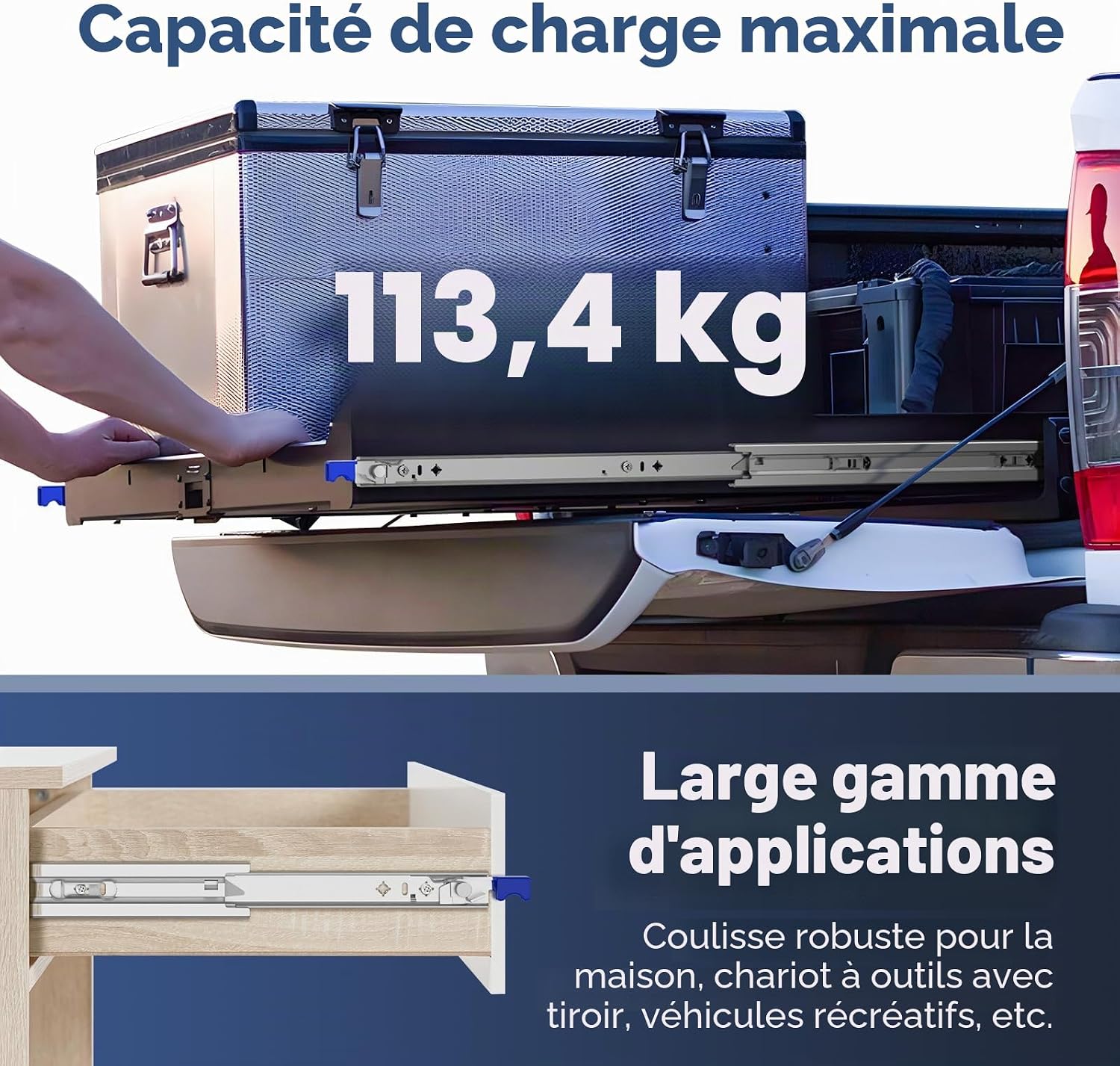 Detalle de ToBeGreat Glissière pour tiroir charge lourde 700 mm – Montage latéral avec serrure (1 paire, 2 pièces)