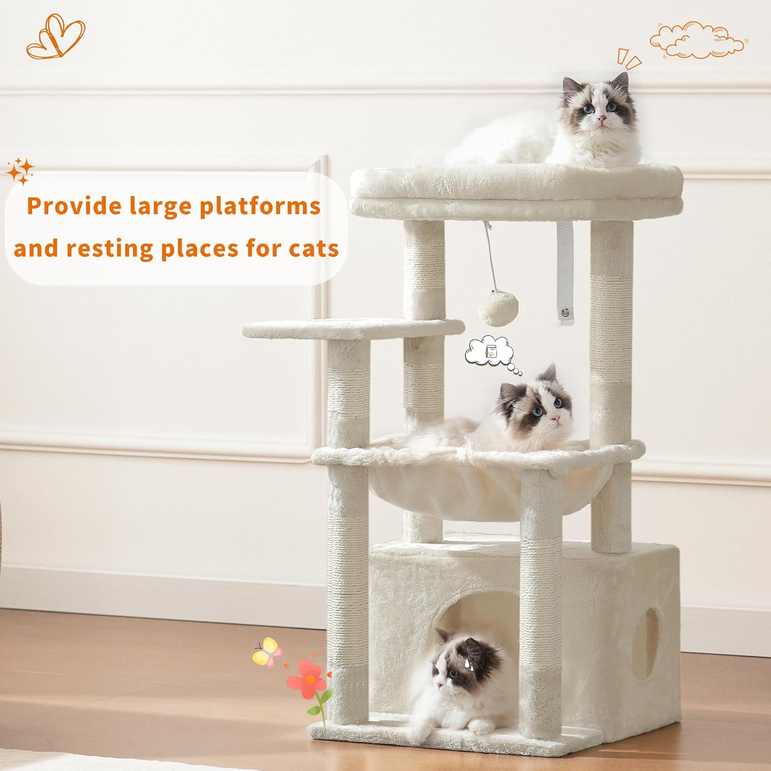 Thumbnail 1 de Heybly Cat Tree HCT008SM, 80cm Kitten Tower with Large Soft Basket, Scratching Posts & Hidden Cave Bed