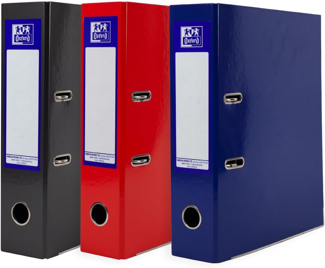 Oxford A4 Lever Arch Files (3 Pack) with Glossy Filing Folders in Red, Black & Blue