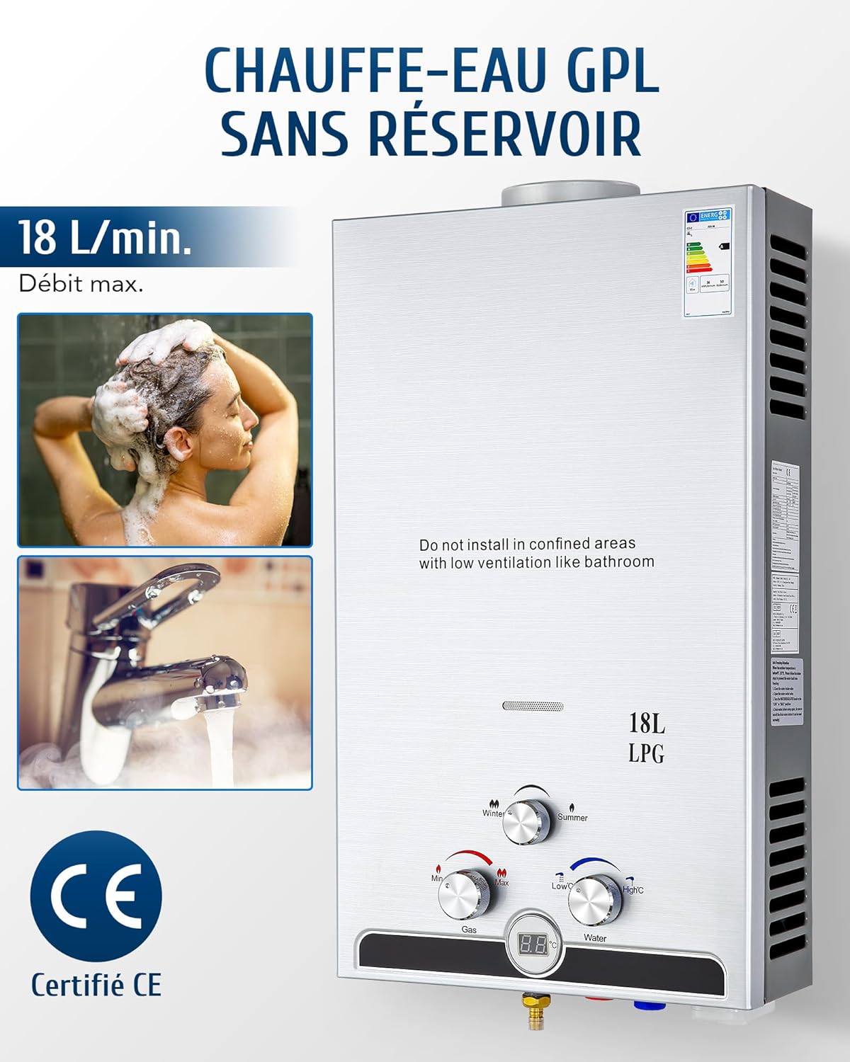 Detalle de CO-Z Chauffe-eau à gaz instantané 30,6 kW GPL – débit 18 L/min, portable pour extérieur