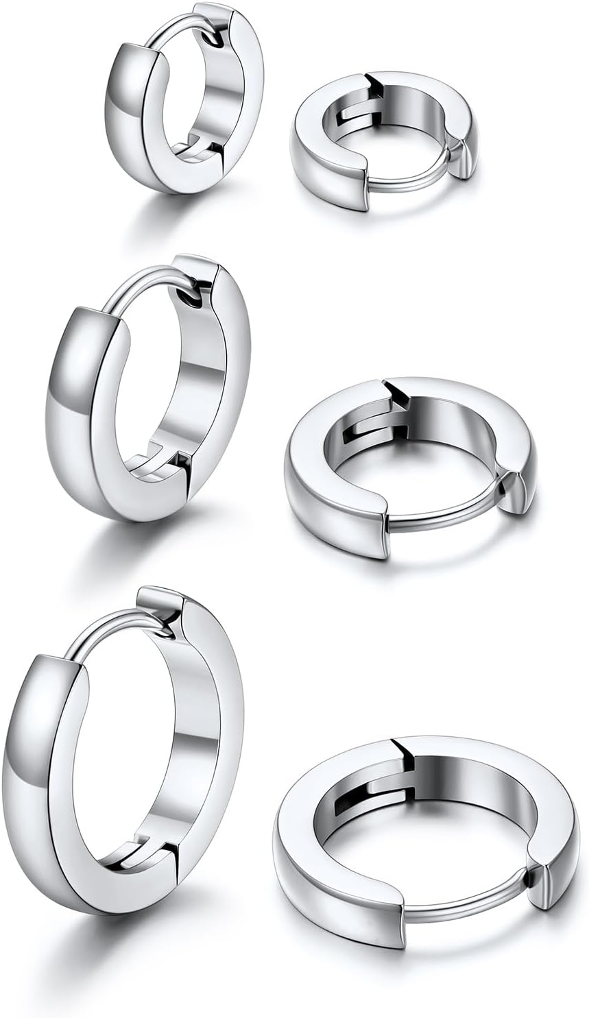 Detalle de Set U7 di 3 paia di orecchini a cerchio huggie in acciaio inossidabile (3 misure) color argento/oro/nero