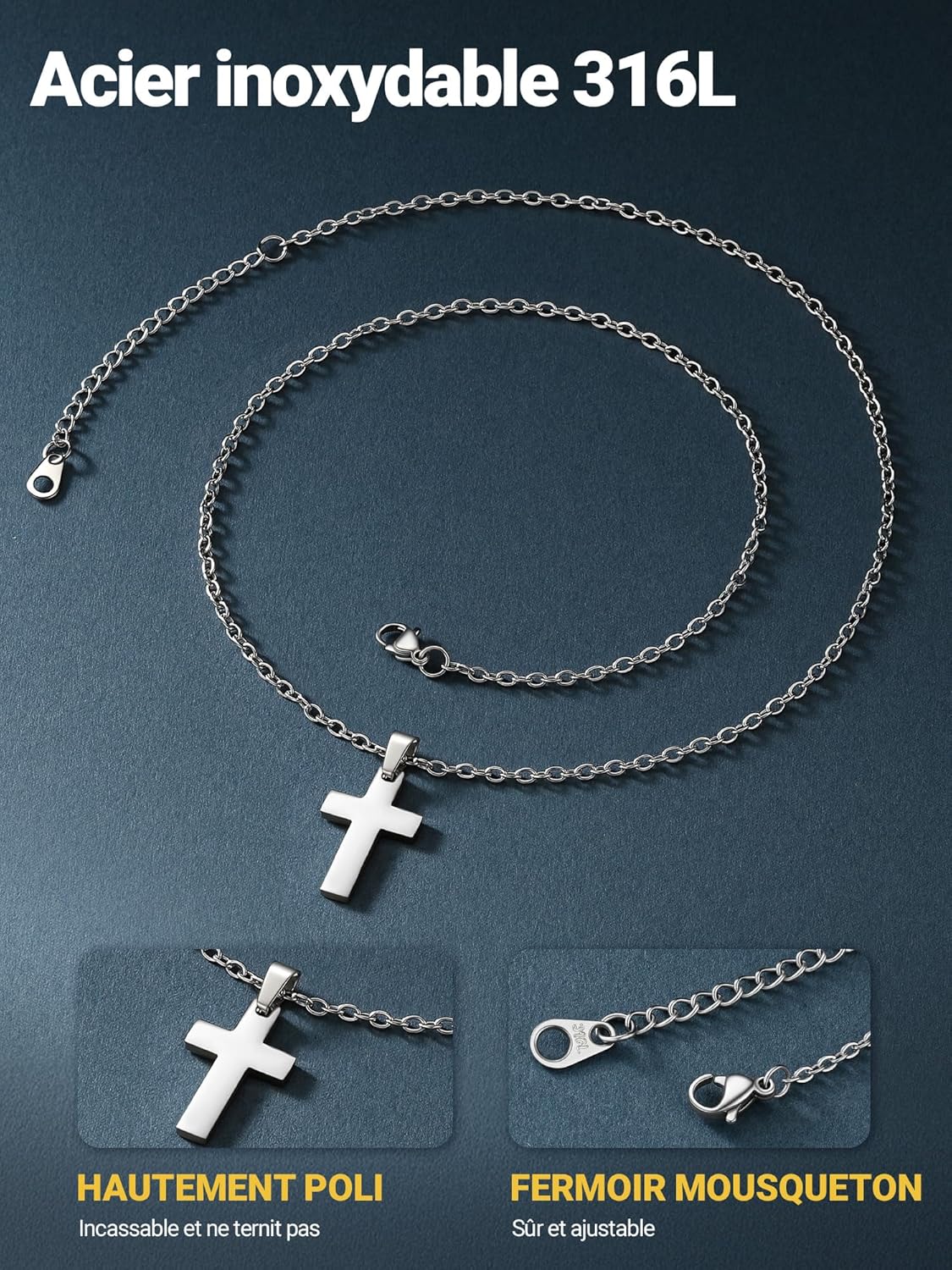 Thumbnail 3 de PROSTEEL Collier croix chrétienne homme en acier inoxydable, pendentif personnalisable