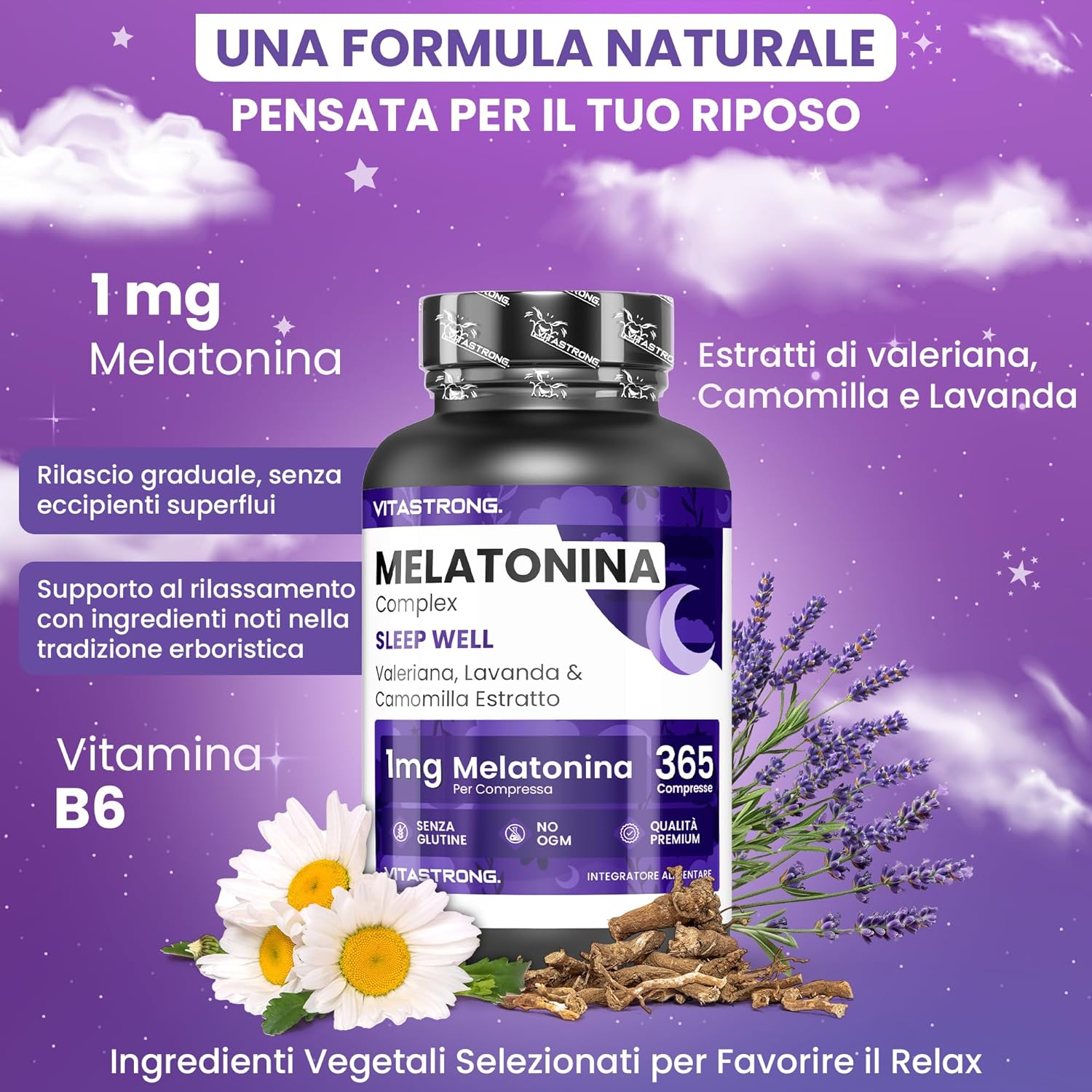 Detalle de Melatonina Vitastrong Complex 365 Micro-Comprime 1 mg con Camomilla, Valeriana, Lavanda e Vitamina B6