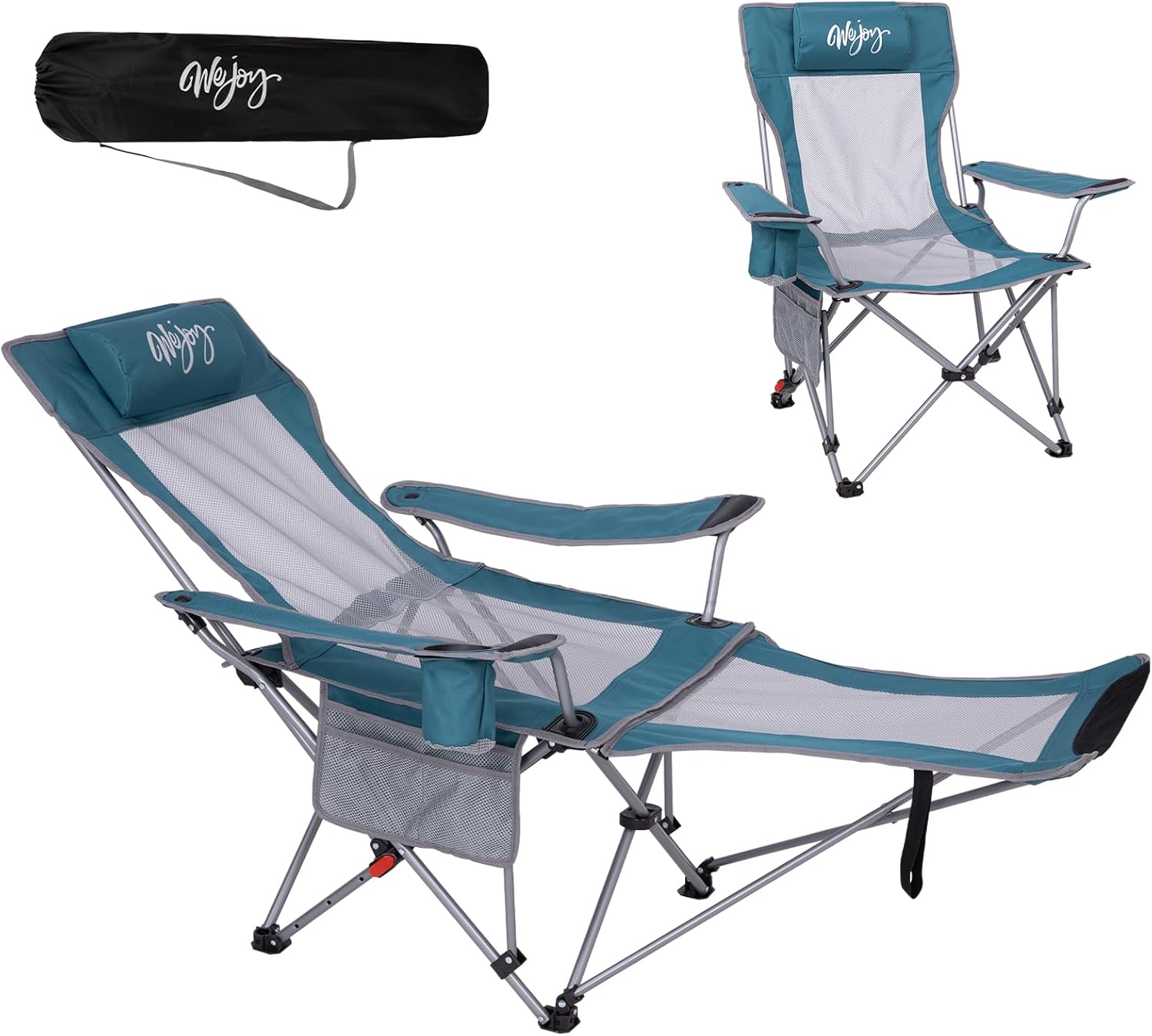 Detalle de #WEJOY 2-in-1 Campingstuhl Faltbar 180 kg mit Fußstütze – 4-Positionen, Getränkehalter, kompakt & langlebig (Cyan/Grau)