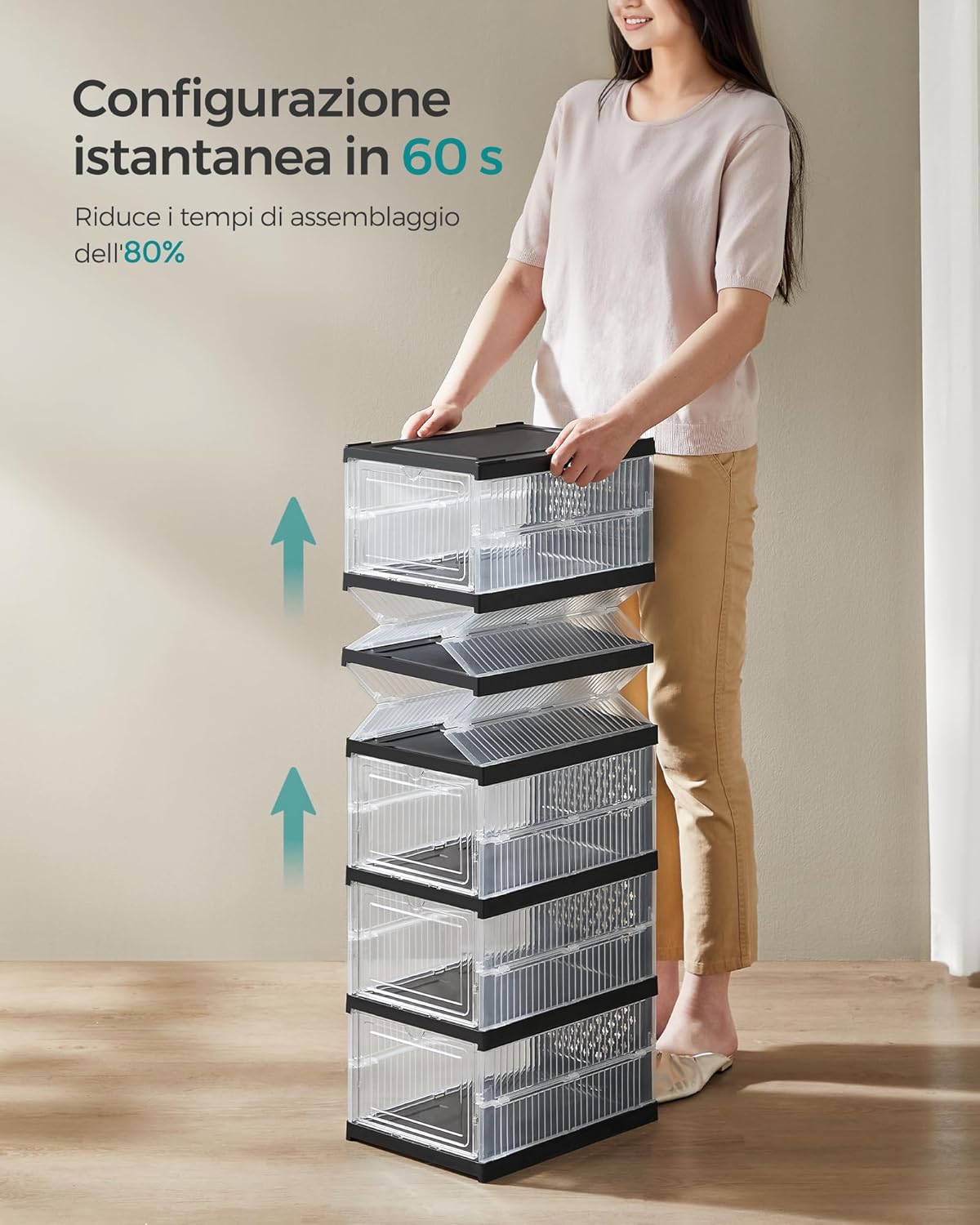 Detalle de SONGMICS LSP205B01: set di 6 scatole porta scarpe impilabili, pieghevoli e componibili fino alla taglia 46