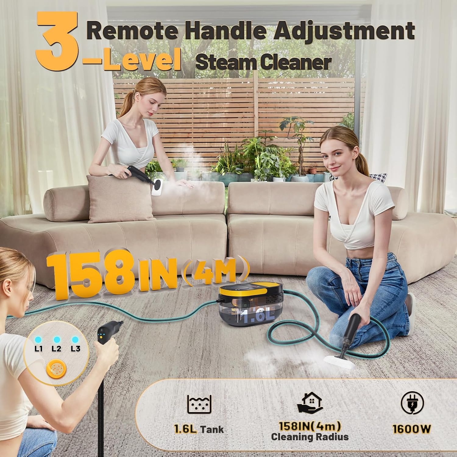 Detalle de Gautye G1 Steam Cleaner, 1.6 L Tank, 15-Second Heat-Up, 15 Accessories