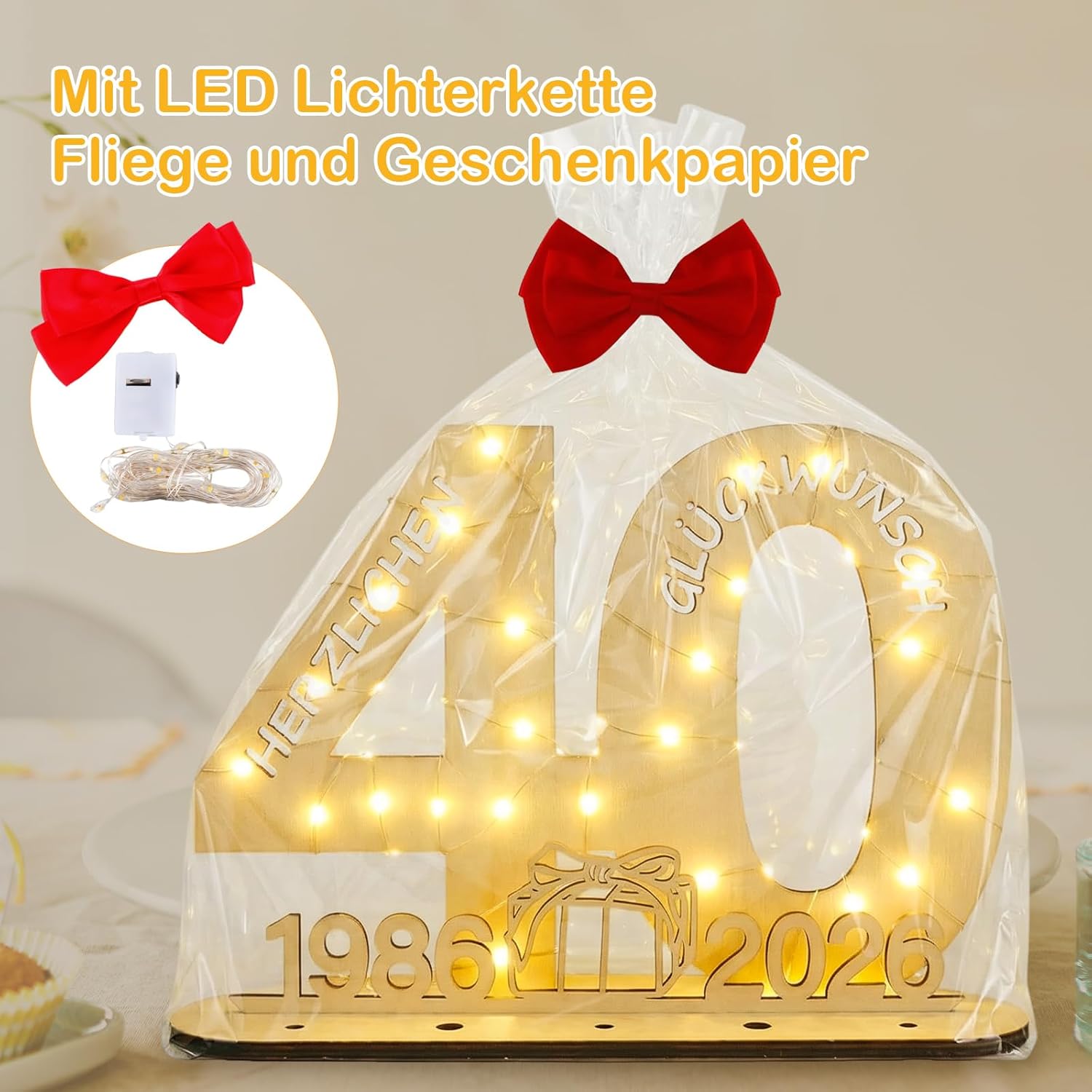 Detalle de Seutgjie Originelles Geschenk 40 Geburtstag – Holzschild mit LED-Lichterkette, 29 × 21 cm