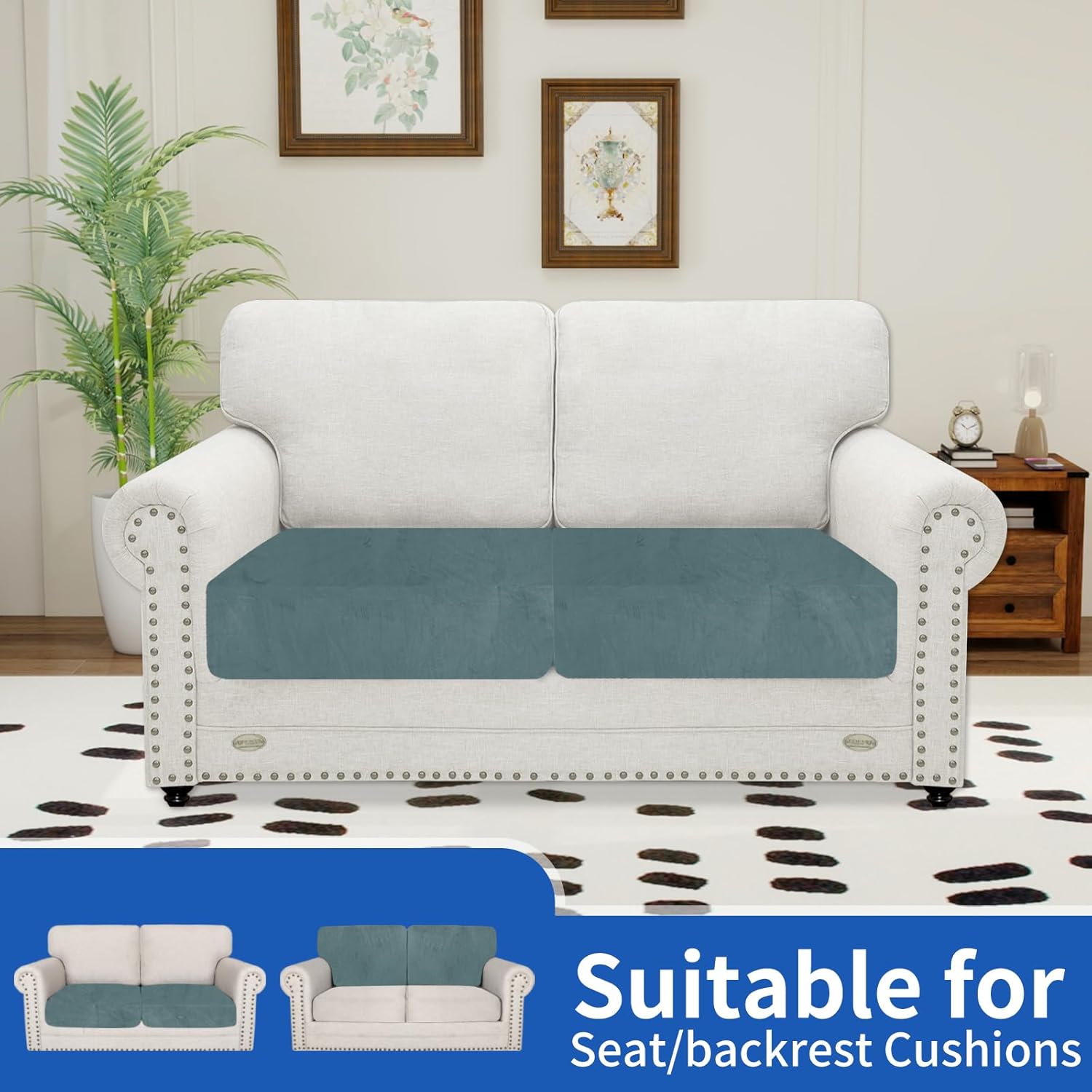 Thumbnail 1 de Ystyle Copriseduta Divano elasticizzato in velluto, universale con effetto antiscivolo (1 posto/2 copricuscini) blu-grigio