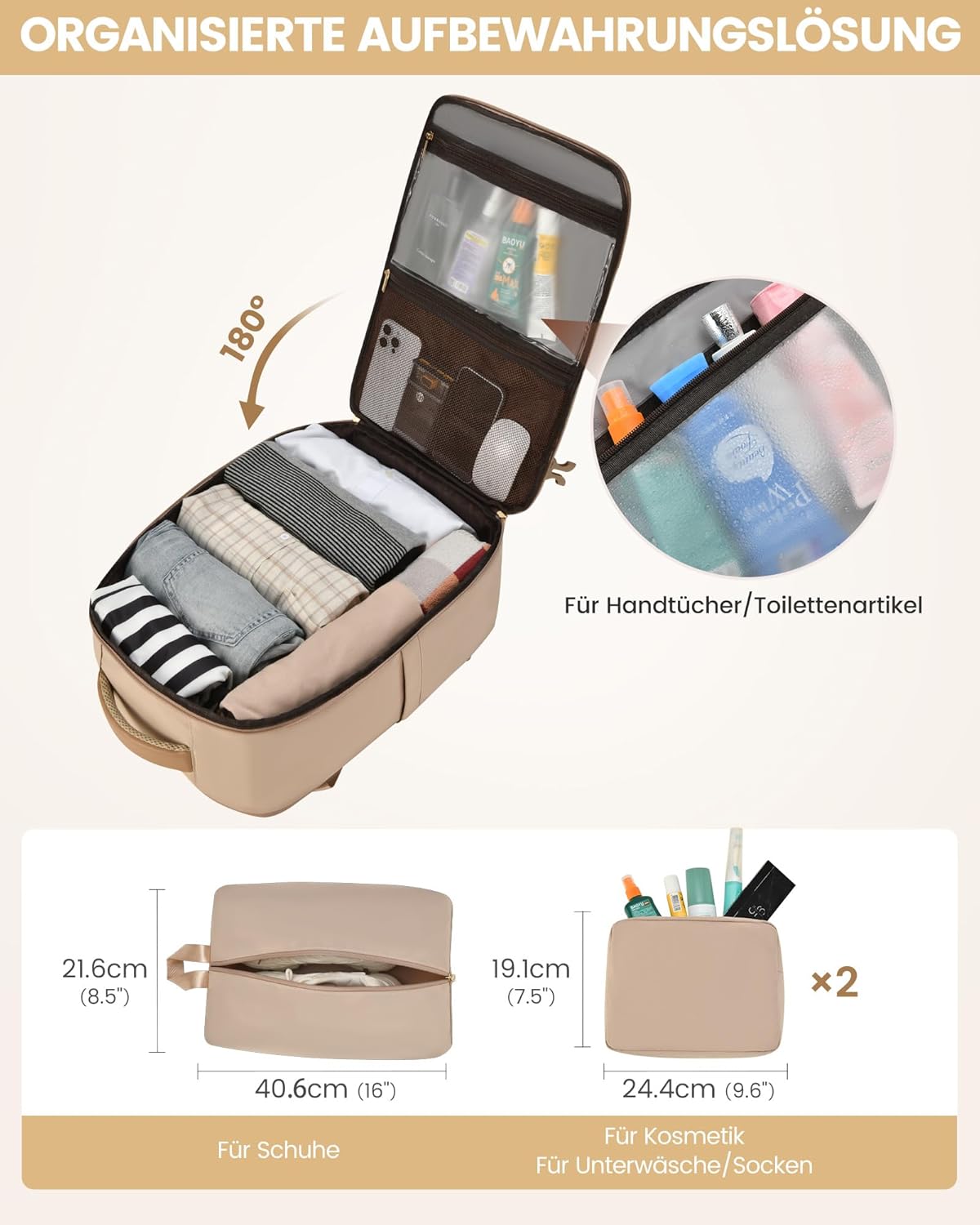 Detalle de LOVEVOOK Handgepäck-Rucksack 50L (18 Zoll) mit erweiterbarem Design – Cabin Bag für Reise & Business, Khaki