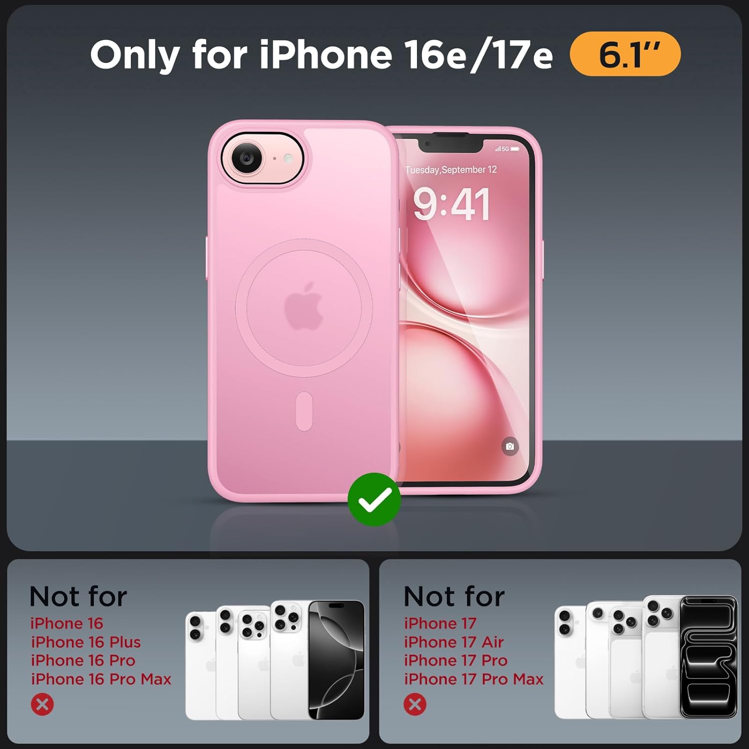 Thumbnail 1 de Miracase for iPhone 17e & 16e Case with MagSafe, 2x Screen Protectors – Military-Grade Shield in Soft Pink