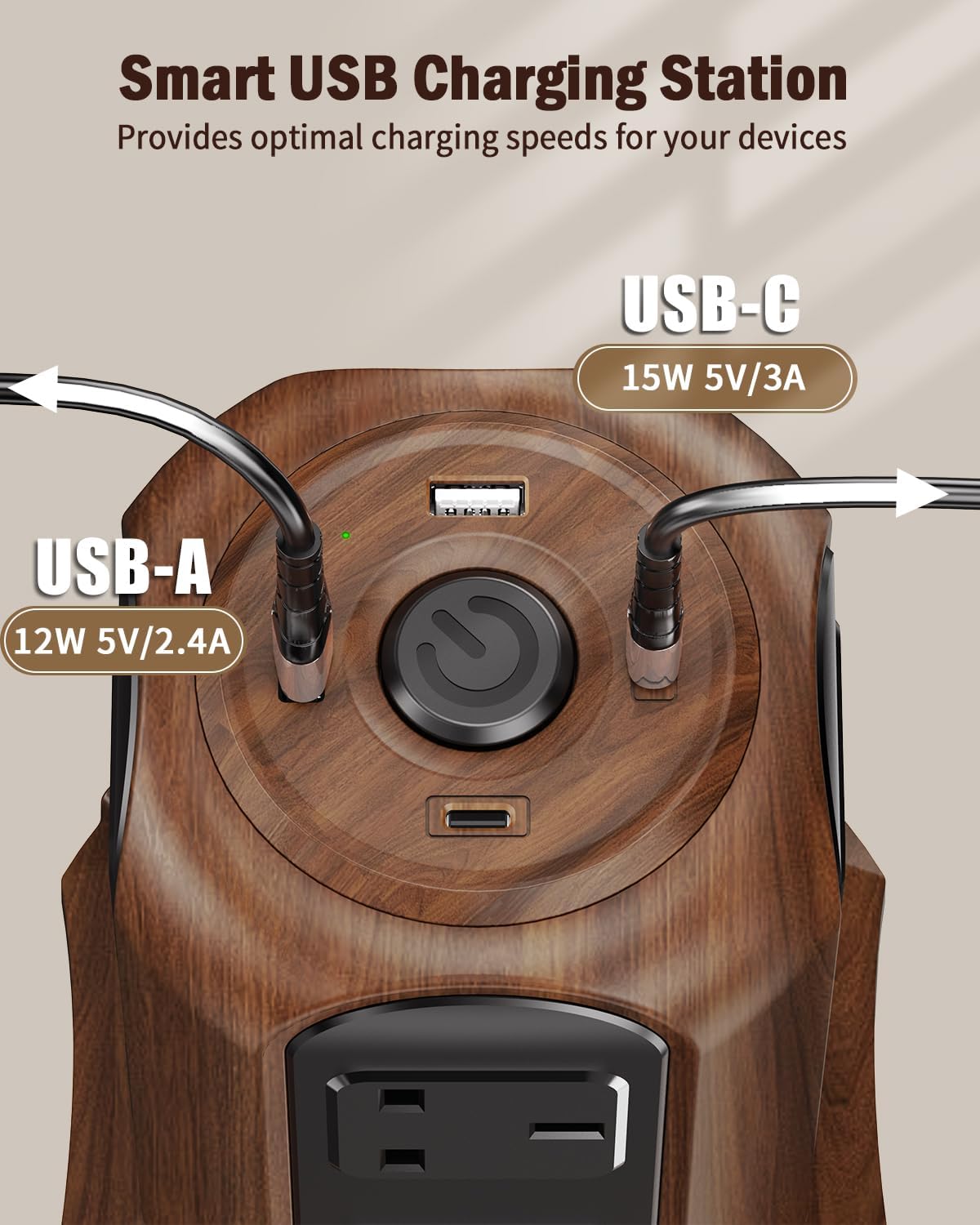 Thumbnail 3 de TOPREK Wooden Grain Tower Extension Lead with USB Slots (1800J Surge) – 8 AC + 2 USB-C + 2 USB-A, 2m