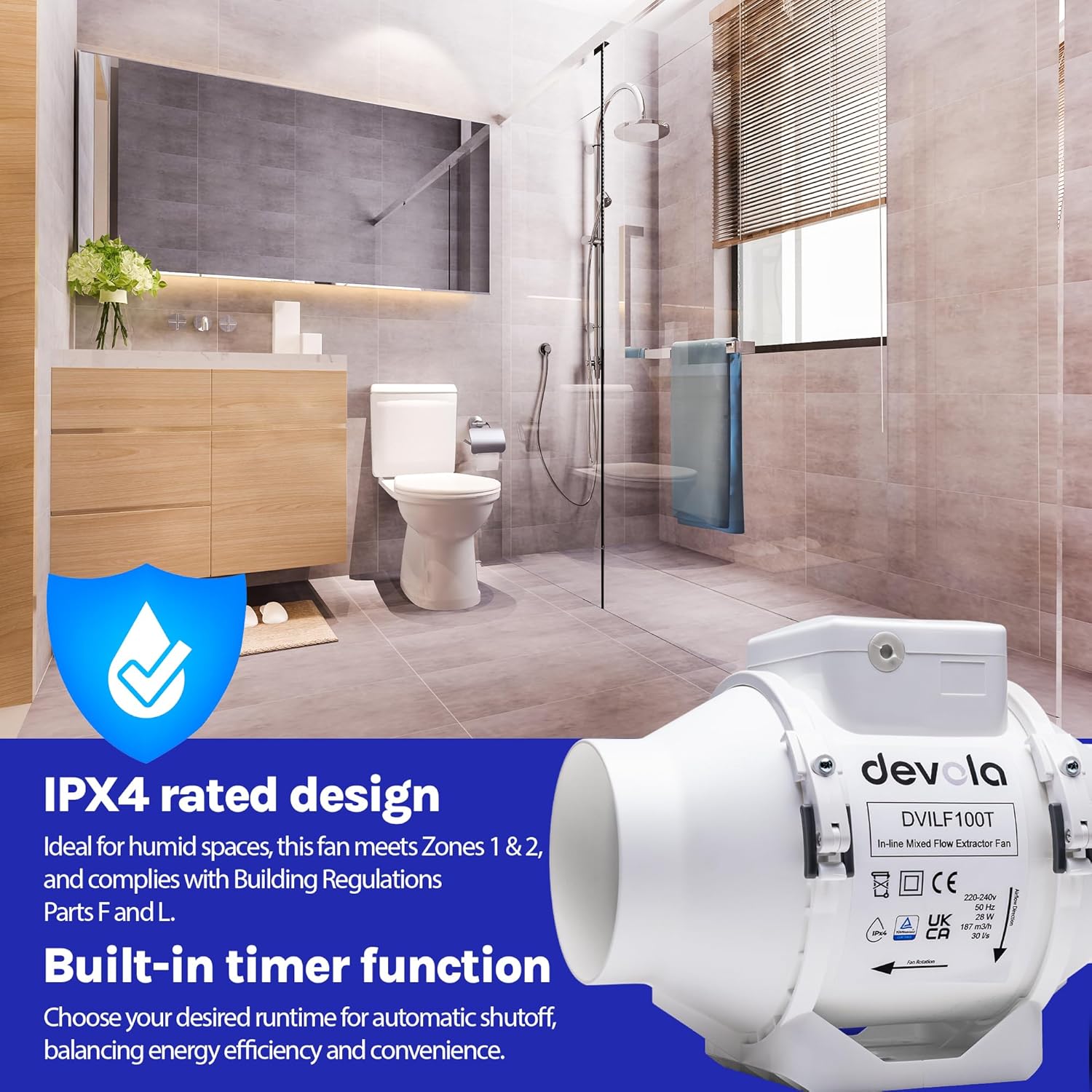 Detalle de Devola DVILF100T 100mm Inline Mixed Flow Extractor Fan with Timer (4 inch) – made in Britain